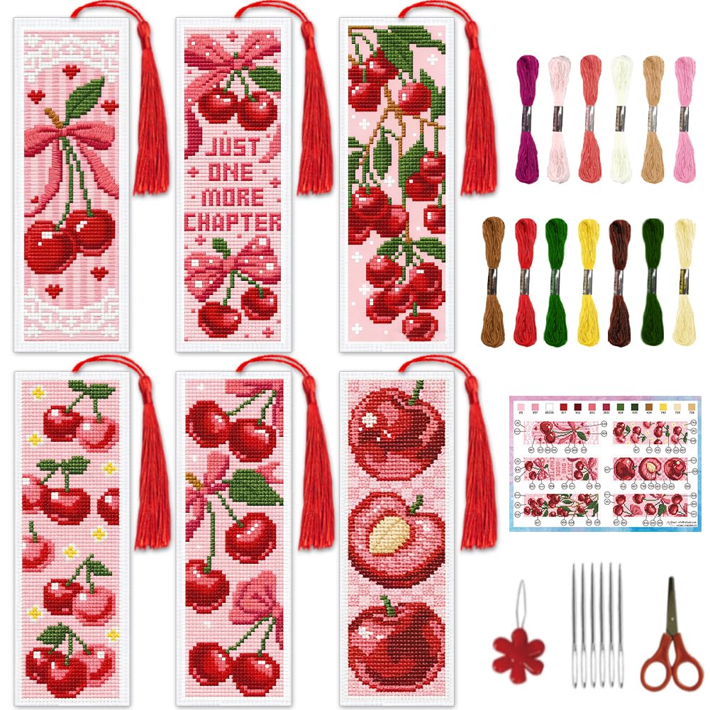 INFUNLY 6PCS Pink Cherry Cross Stitch Bookmark Kit for Adults 8.5"×3" Stamped Embroidery Bookmark Kit Bow DIY Bookmark Cross Stitch Kits with Instruction for Book Lovers Reader Writers