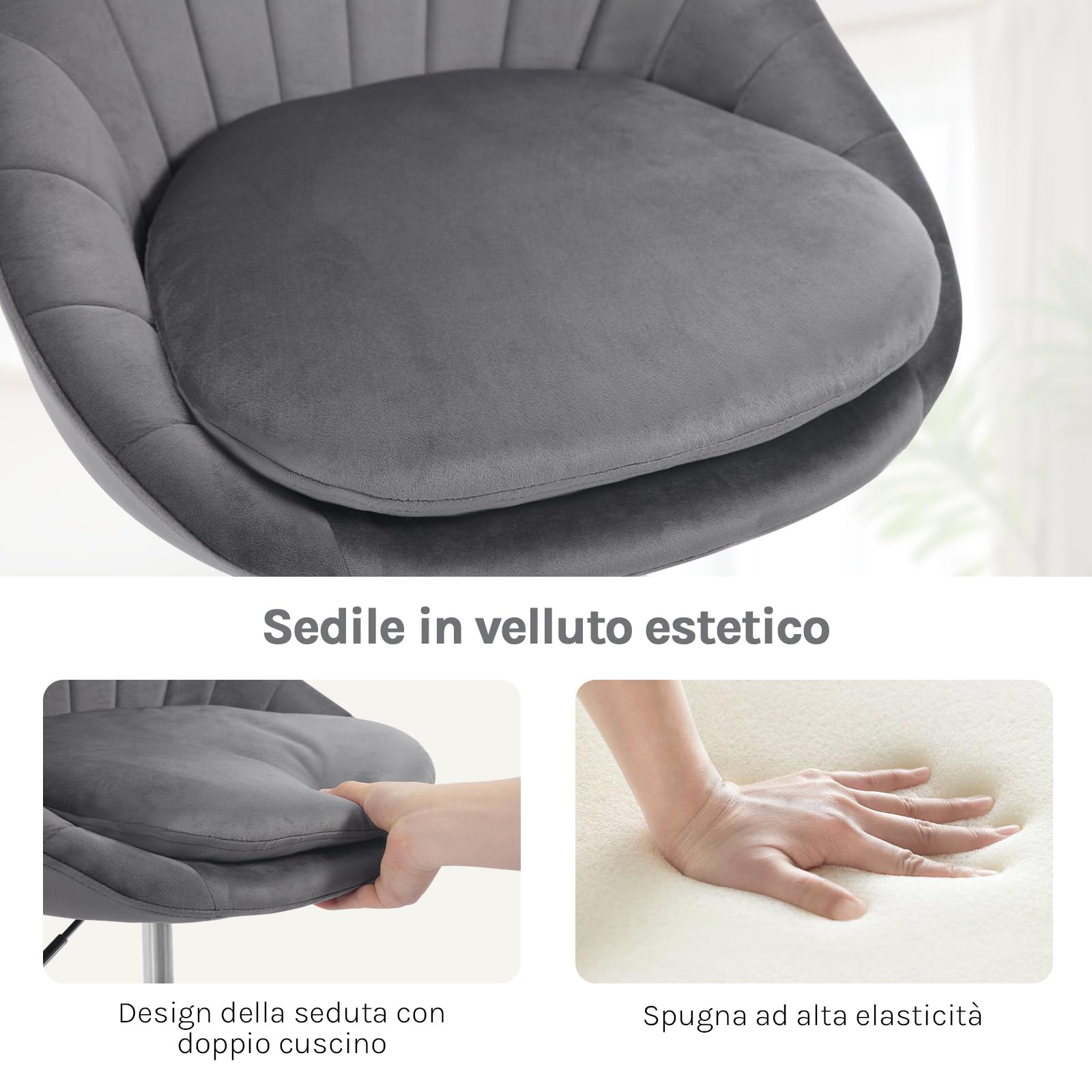WOLTU Sedia da Scrivania per Casa, Sedia Trucco, Velluto, Grigio Scuro | Regolabile in Altezza con Rotelle, Girevole Ergonomica, Ufficio, Camera da Letto, Studio