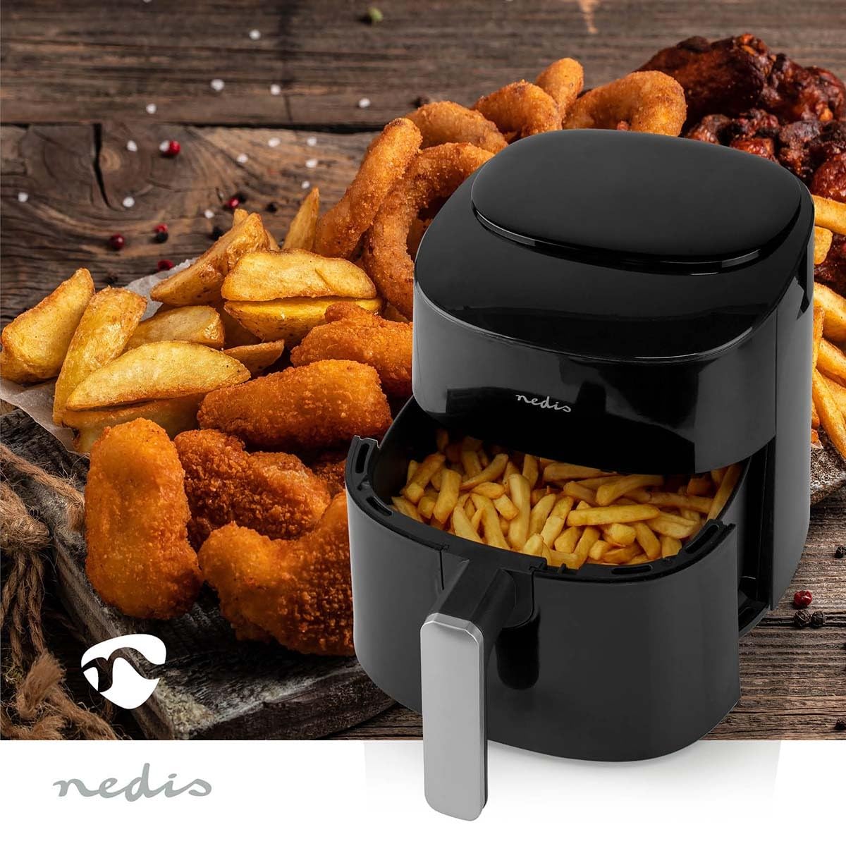 Nedis KAAF160BK - Friggitrice ad aria calda - 4,2 l - Timer: 240 min - 8 programmi - Display digitale - Controlli touch - Nero