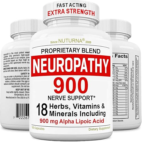 Suplemento nervioso de apoyo neuropatía con 900 mg de ácido alfa lipoico puro, fórmula de máxima fuerza, fortalece los nervios en los dedos, manos,