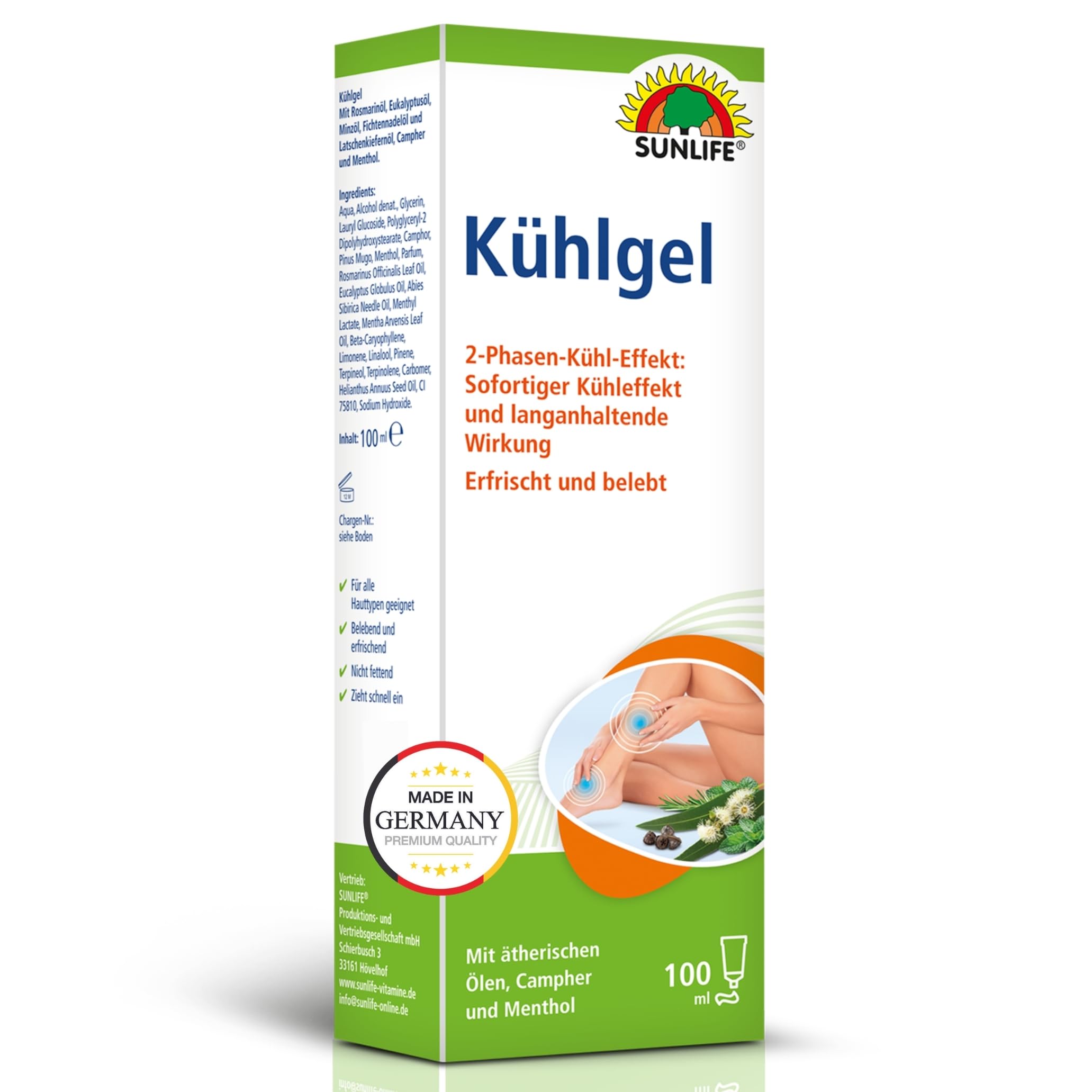 SUNLIFE Kühlgel 1 x 100ml – Kühlendes Gel mit Menthol, Rosmarin- & Minzöl – 2-Phasen-Gel zum Anreiben