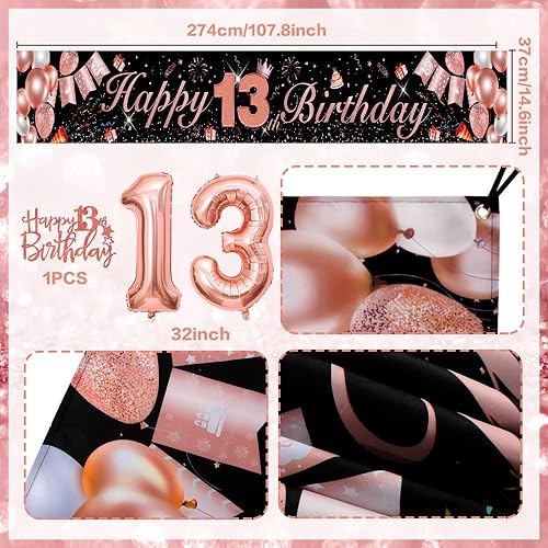 Miniatura 2 de Decoraciones de cumpleaños número 13 para niñas, pancarta de feliz cumpleaños número 13 de oro rosa con globos para decoración de pastel,