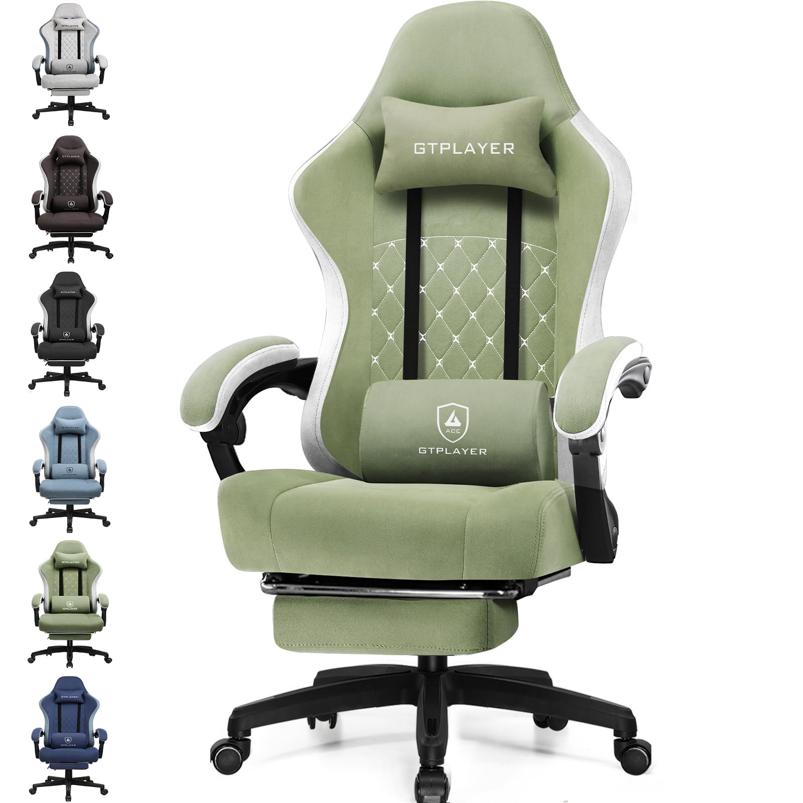 GTPLAYER Sedia da gaming, ergonomica, da scrivania, con superficie in tessuto, cuscino a molla, braccioli di collegamento e poggiapiedi, Verde