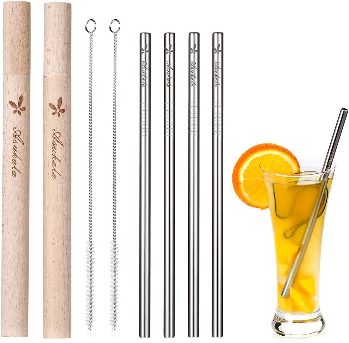Stainless Steel Reusable Straws with Travel Case,Eco Friendly Premium 8.5 inch Stainless Steel Drinking Straws & 2 Handcrafted Wooden Travel Cases | 4 Straight Wide Mouth Straws & 2 Cleaning Brushes