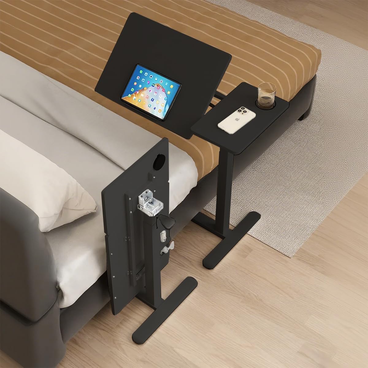 Mesa de cama con ruedas, 80 x 40 cm, plegable de madera maciza, altura ajustable (73-110 cm), mesa de noche inclinable con elevador de gas, ruedas ocultas