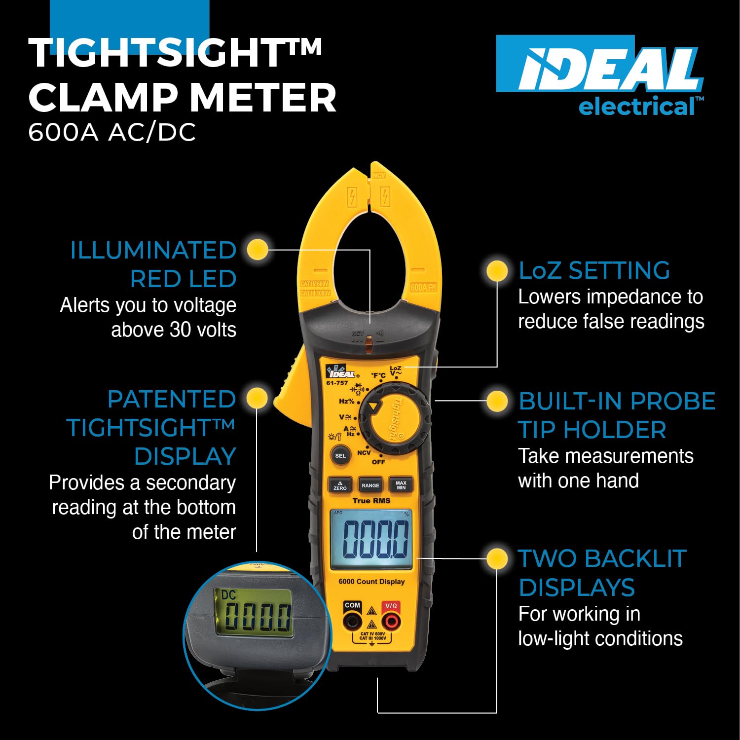 Ideal 61-757 - 600A AC/DC TRMS TightSight Clamp Meter — Amazon image 2
