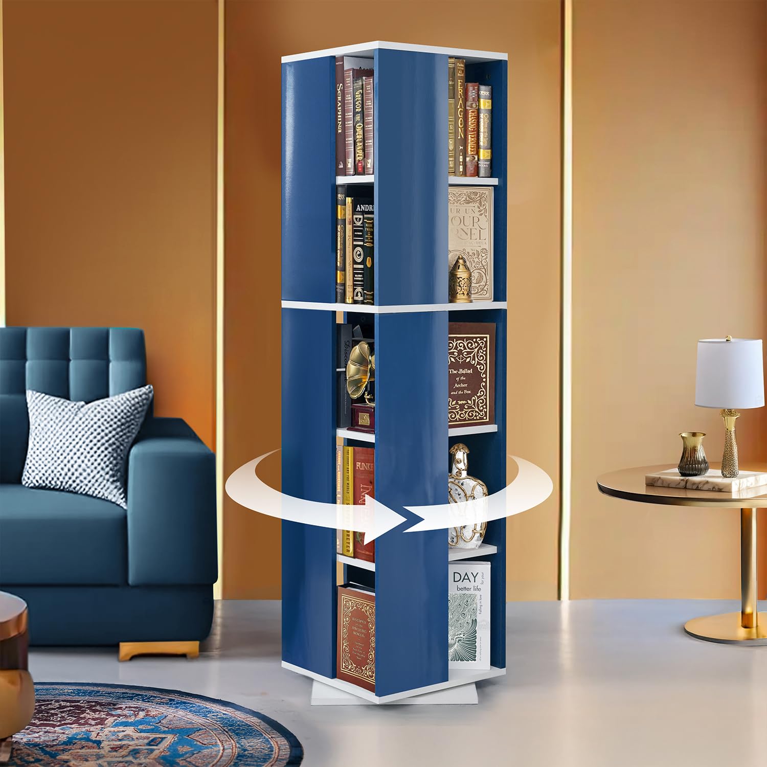 ABOUT SPACE Rotating Book Shelf for Home Library - 5 Tier 360° Book Rack | Semi UV Gloss Laminate DIY Engineered Wood Book Stand with Partition & Bottom Turnplate (Blue & White L 38 x B 38 x H 150 cm)-image-2