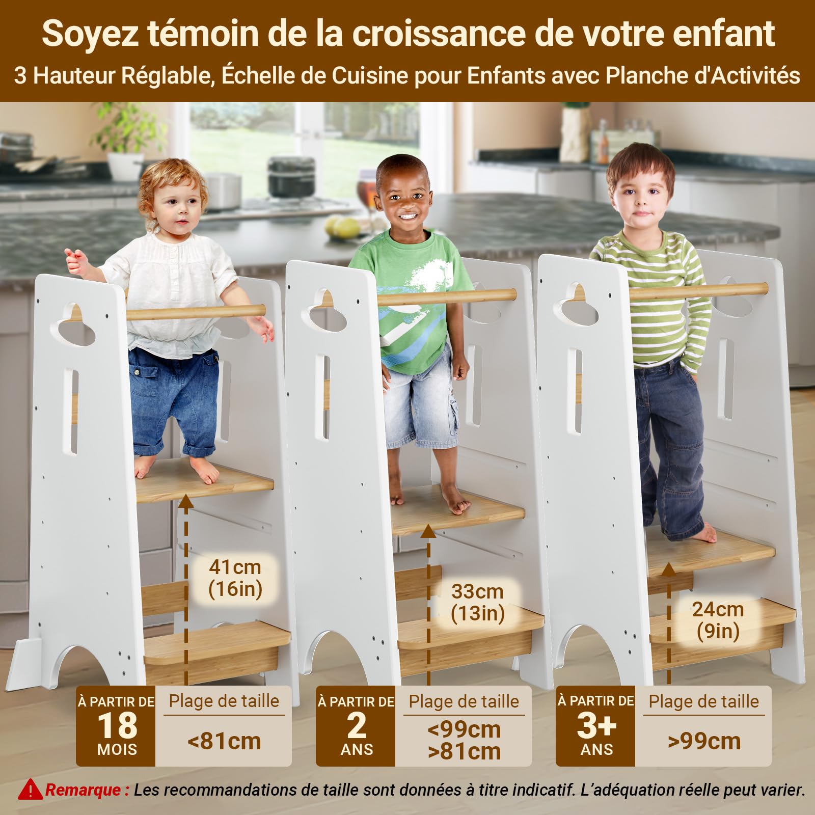 COSYLAND Children's Learning Tower - Wooden Learning Tower for Babies from 1 to 6 Years - Height Adjustable on 3 Levels - 80 cm - Classic White and Natural - 2