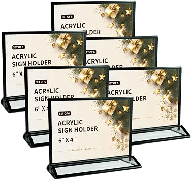 6 Pack Picture Frames 4x6" Horizontal Menu Holders for Restaurant, Double-Sided Acrylic Sign Holders for Wedding Table Numbers, Christmas Photo Frames Flyer Holder Display Stand for Office, Party