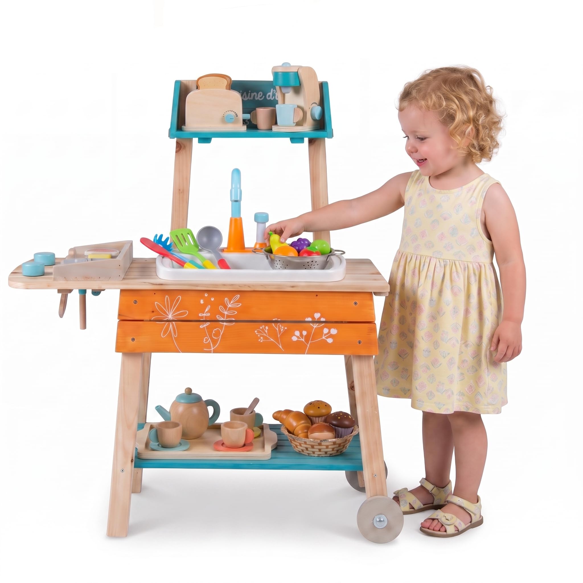 HOMASIS Cucina da Esterno Barbecue per Bambini, Cucina Giocattolo Realistica in Legno con Lavandino, Griglia, Manopole Rotanti, Scaffale Inferiore e 2 Ruote per Bambini 3+ Anni, 77 x 33 x 90 cm