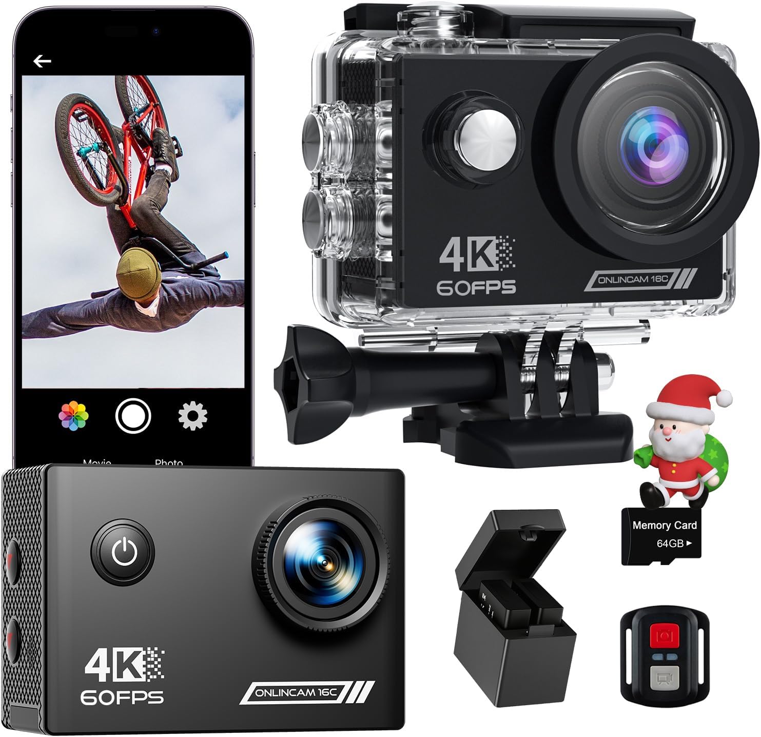 4K 60FPS Waterproof Action Camera: 64G SD Card 131ft Underwater Camera,HD 48MP Waterproof Camera,WiFi Sports Cameras with 2 Batteries Helmet Mount Accessories Kits