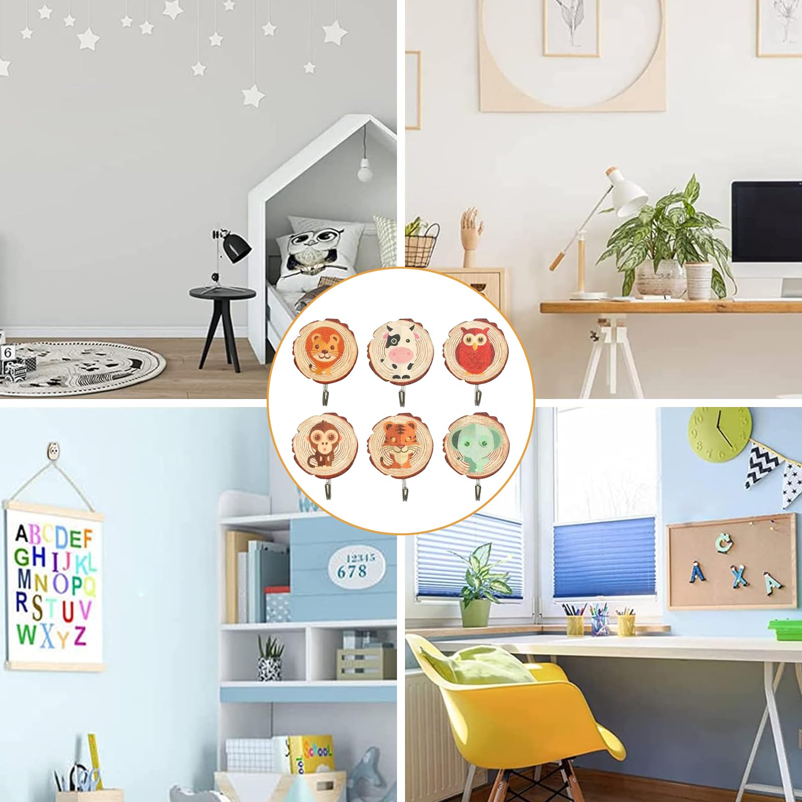 DAZZTIME Ganci Autoadesivi per Bambini 6 Pezzi Robusto Decorativi a Parete Senza Foratura Asciugamani Ombrelli Cappelli