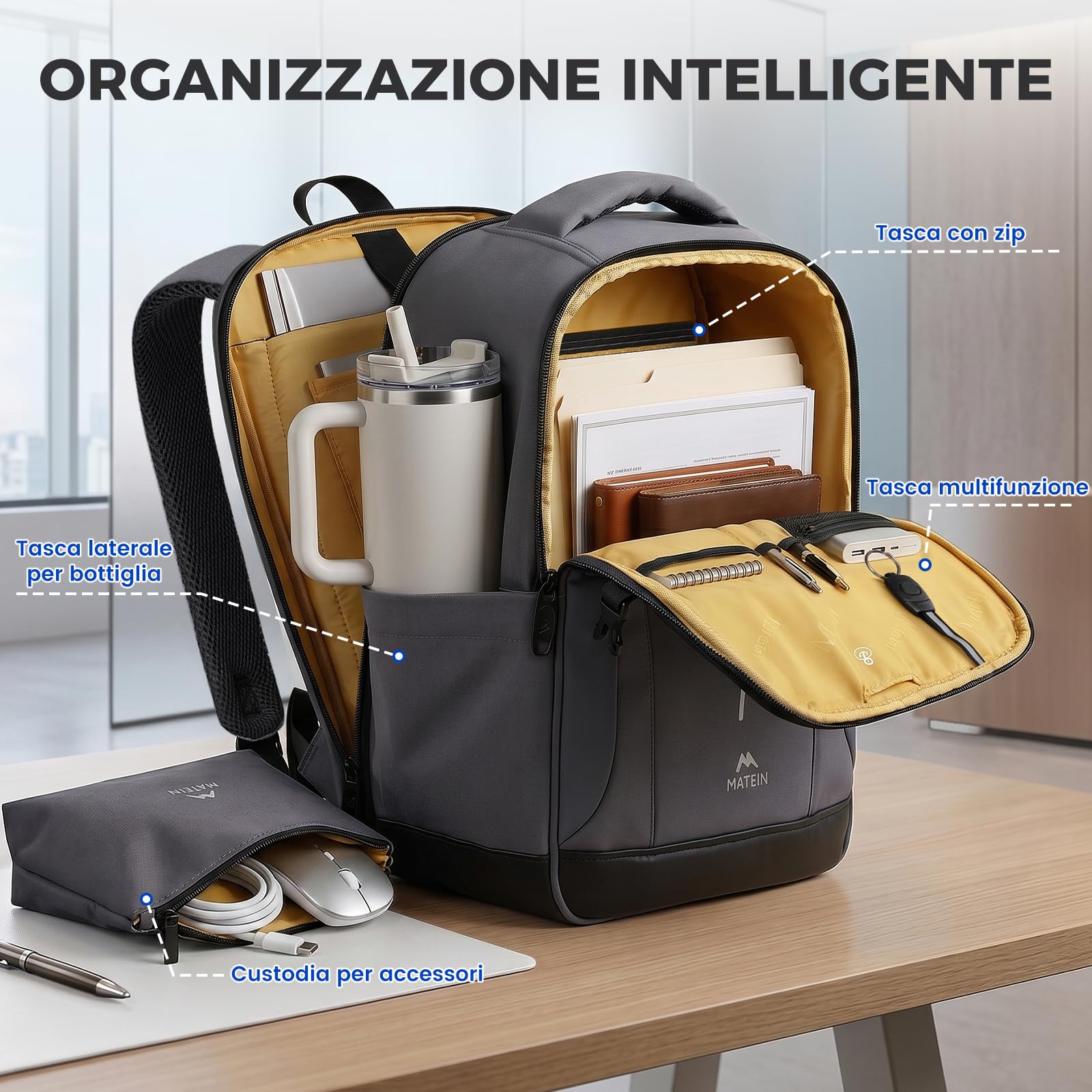 MATEIN Zaino Porta PC 15,6 Pollici, Zaino Lavoro Uomo per Laptop Notebook | Zaino PC Portatili con Custodia Organizer, Zaino Antifurto da Viaggio 40x30x16cm, per Ufficio, Viaggio e Università, Grigio