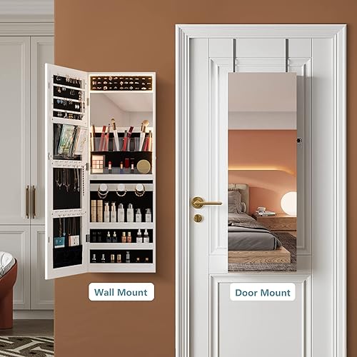 Miniatura 5 de Ylued Armario de joyería con espejo LED, organizador de joyas montado en la paredpuerta con espejo de longitud completa, espejo con cerradura con