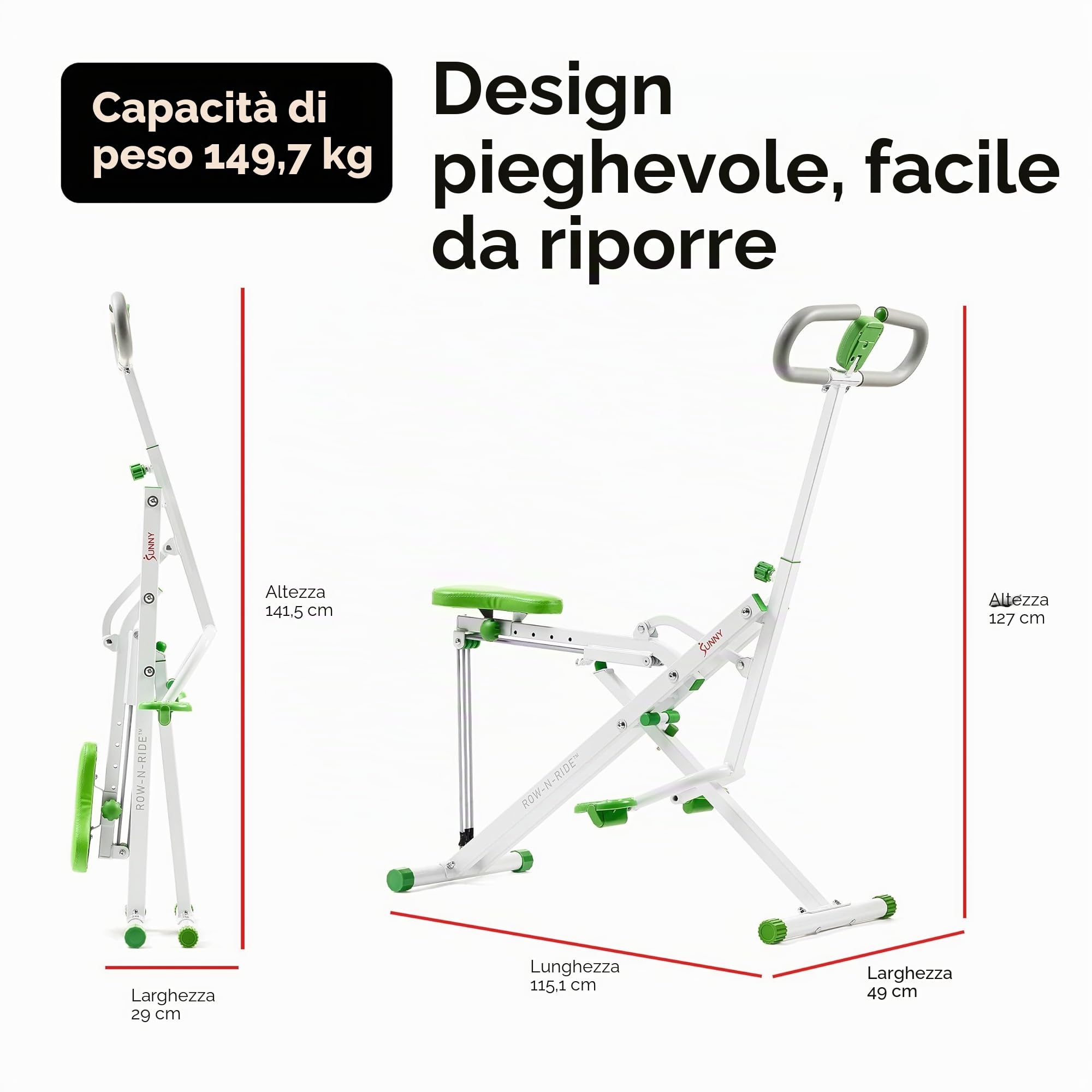 Sunny Health & Fitness Row-N-Ride Smart Pieghevole per Squat e Vogata | Allenamento Glutei e Gambe, 3 Angoli Squat, Resistenza a 4 Livelli, App SunnyFit, Portata 150 kg, Facile da Riporre
