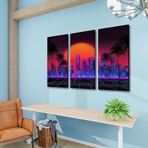 Miniatura 5 de 3 Piece Canvas Wall Art Prints Picture Retro wave synthwave vaporwave skyline scenery landscape Framed Wall Painting Modern Artwork Poster Home