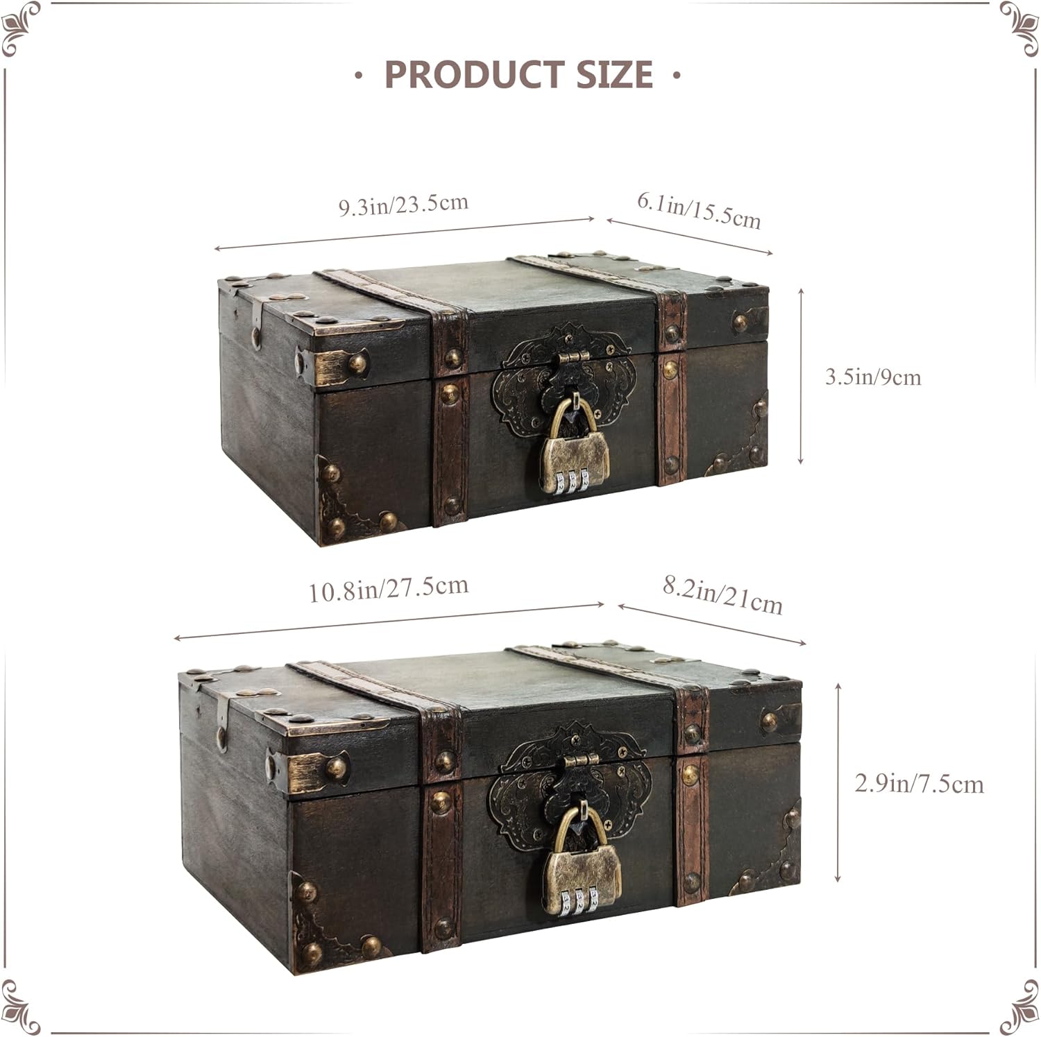 Wooden Box with Lid Vintage Treasure Chest with Hinged Lid Decorative Lock box Keepsakes Boxes (XL)