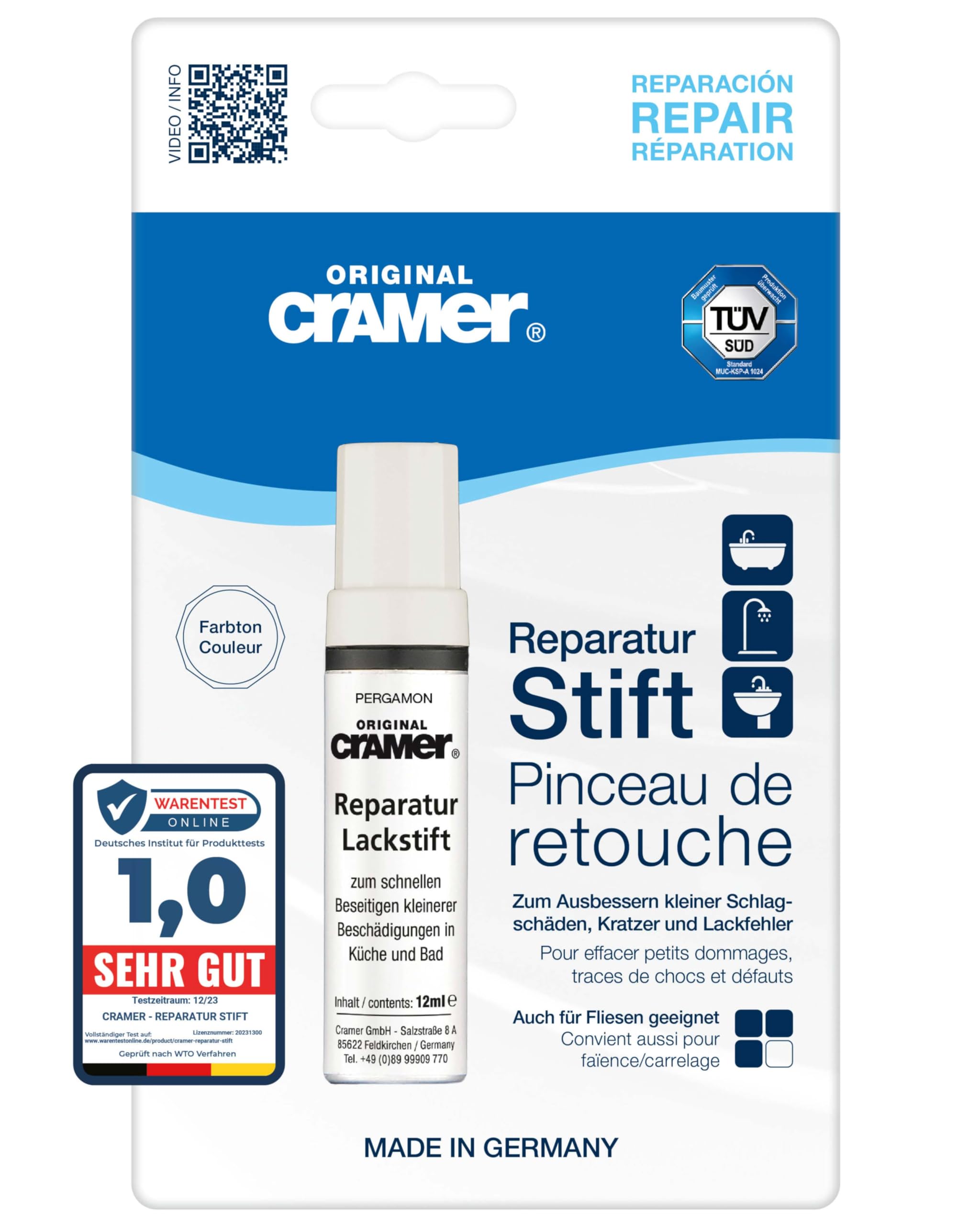 Cramer Reparatur Lackstift pergamon - hochwertiger Sanitärlack für Keramik, Emaille & Acryl. Ideal für Badewannen, Waschbecken & Fliesen - schnelle und einfache Ausbesserungen im Bad