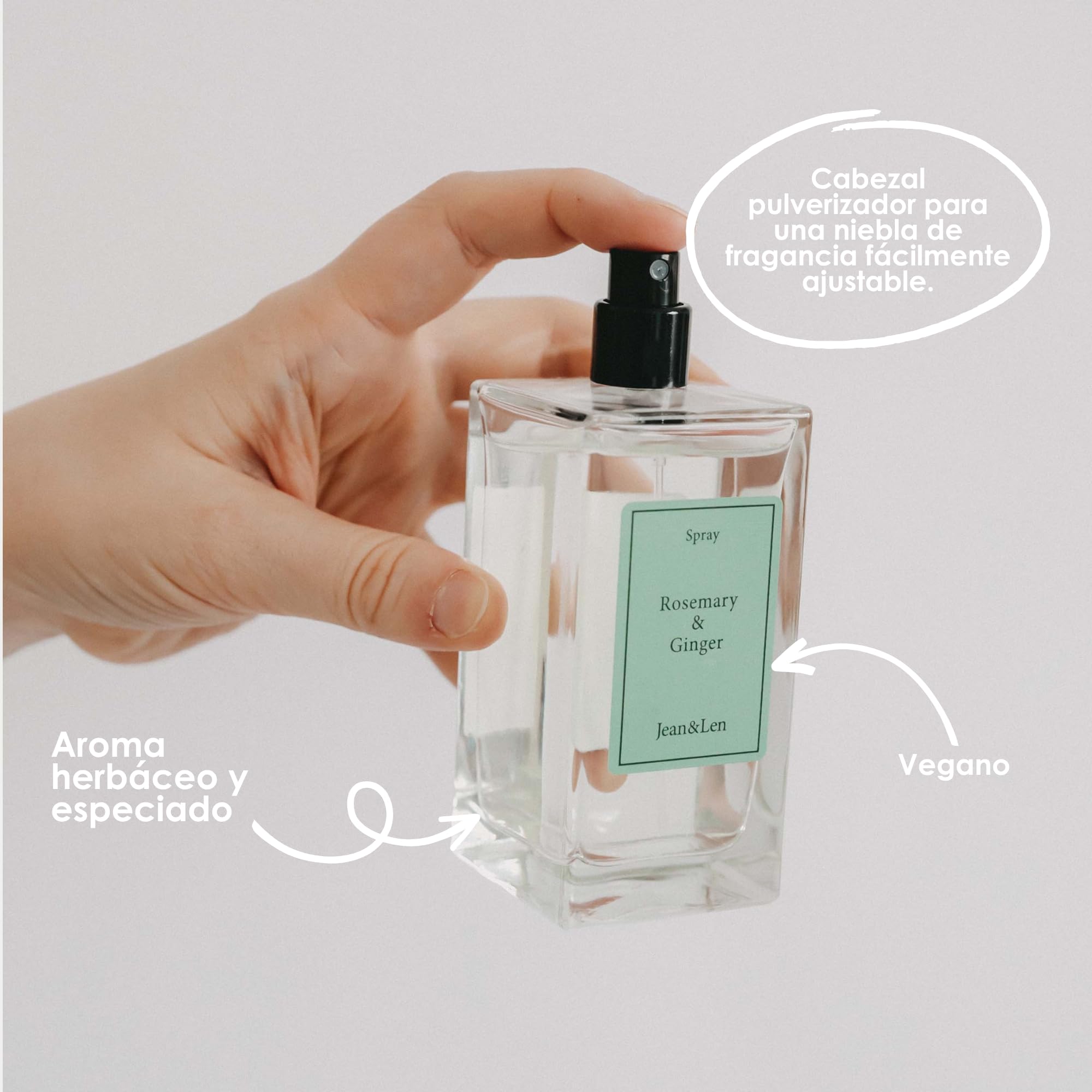 Jean & Len Spray ambientador Rosemary & Ginger, en un frasco de vidrio sencillo, para un aroma especiado y fresco, spray ambientador, aroma unisex a romero y jengibre, vegano, 100 ml