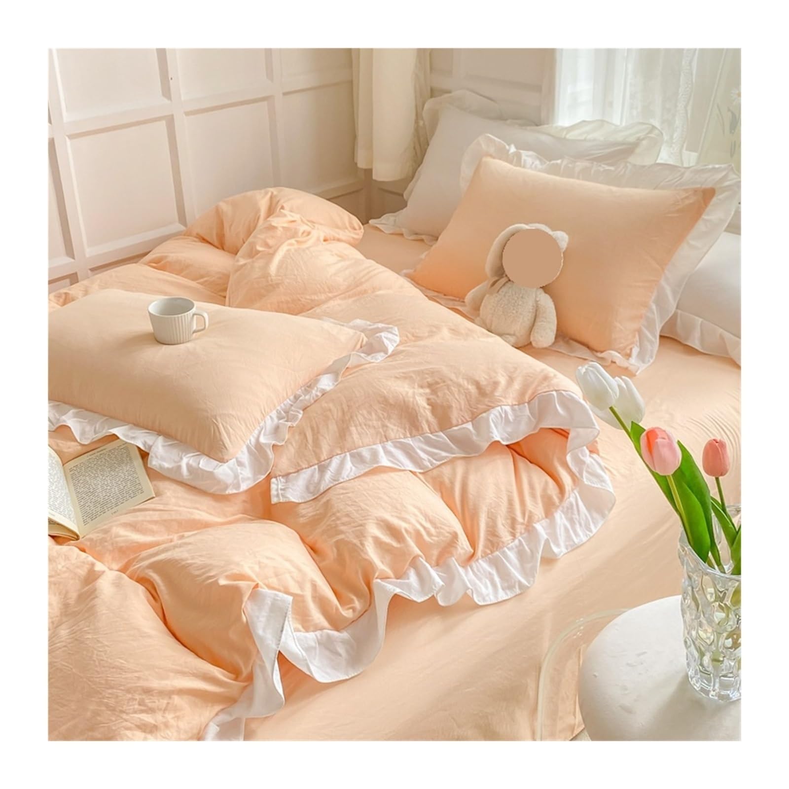ZHSOAO Duvet Cover Set No Filling Soft Washed Cotton Ruffles Bed Linen Pillowcases for Bed(Color 1,Full 4pcs 180x220cm)