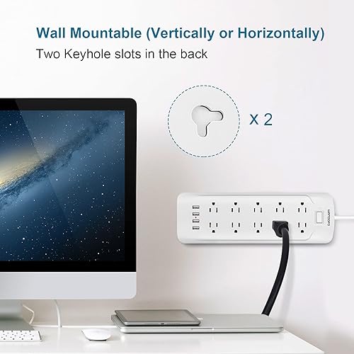 Miniatura 7 de WANDOFO Regleta de alimentación de cable extralargo de 15 pies, tira de salida USB inteligente de 5 V 3.4 A, 10 tomas de corriente ampliamente