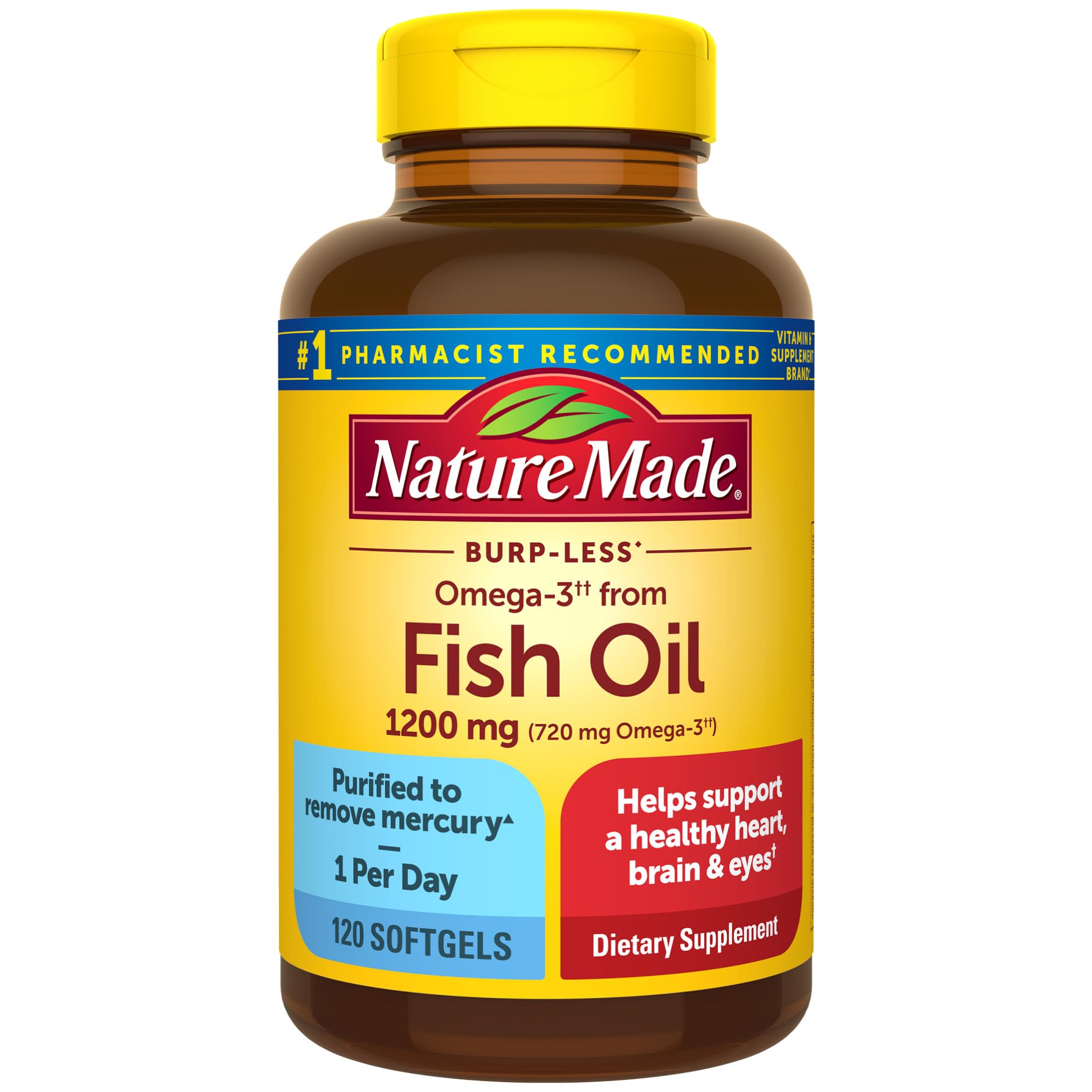 Nature Made Burp Less Omega 3 Fish Oil Supplements, 1200mg, EPA DHA Omega 3 Supplement as Ethyl Esters, Fish Oil Softgels for Healthy Heart, Brain and