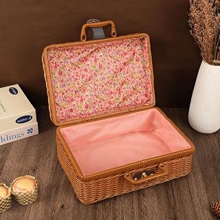 Wicker Picnic Basket with Lid, Vintage Style Small Picnic Basket Suitcase Gift Box, Portable Woven Storage Box with Handles for Wedding, Birthday, Travel, Camping and Party (Square Pink, L)