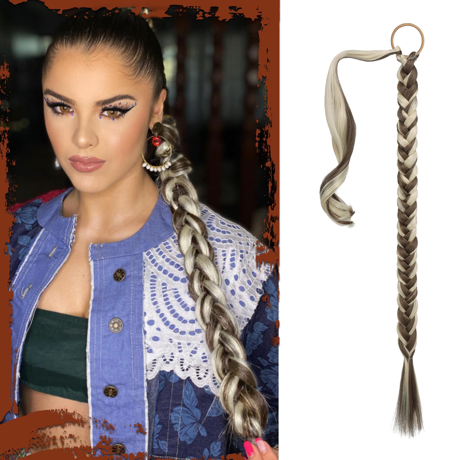 Sofeiyan Extensión de Coleta Trenzada con Coletero 66cm Extensiones de Pelo Largo Liso Trenza Coleta Postizos de pelo Sintéticos Naturales para Mujer，Castaño Claro con Rubio Dorado Medio