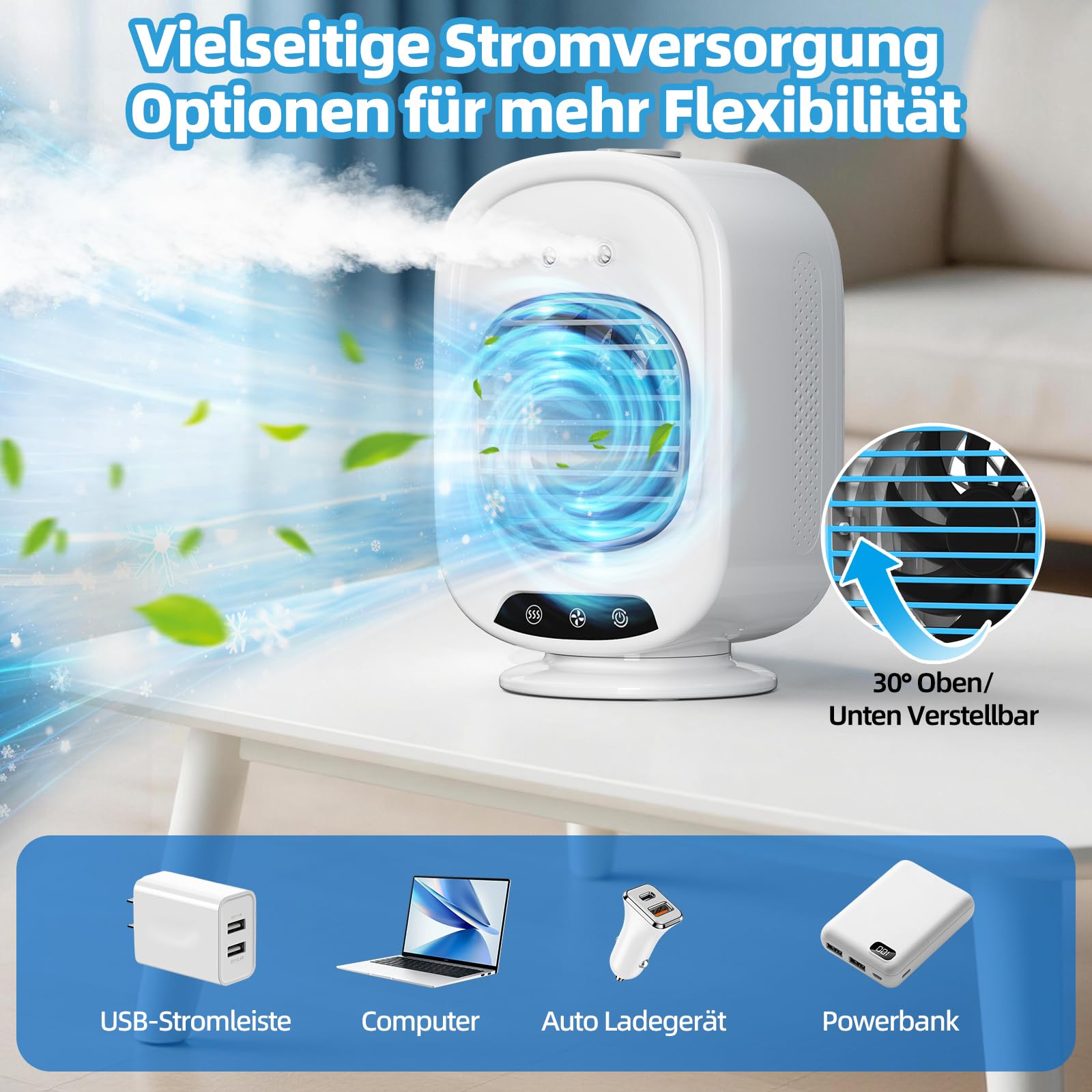 Mobile Klimaanlage, Mini Luftkühler mit 300mL Wassertank, 3 Geschwindigkeiten, 2 Sprühmodus, Mobil Klimagerät USB, Klimaanlage mobil für Büro, Schlafzimmer, Camping (Weiß)