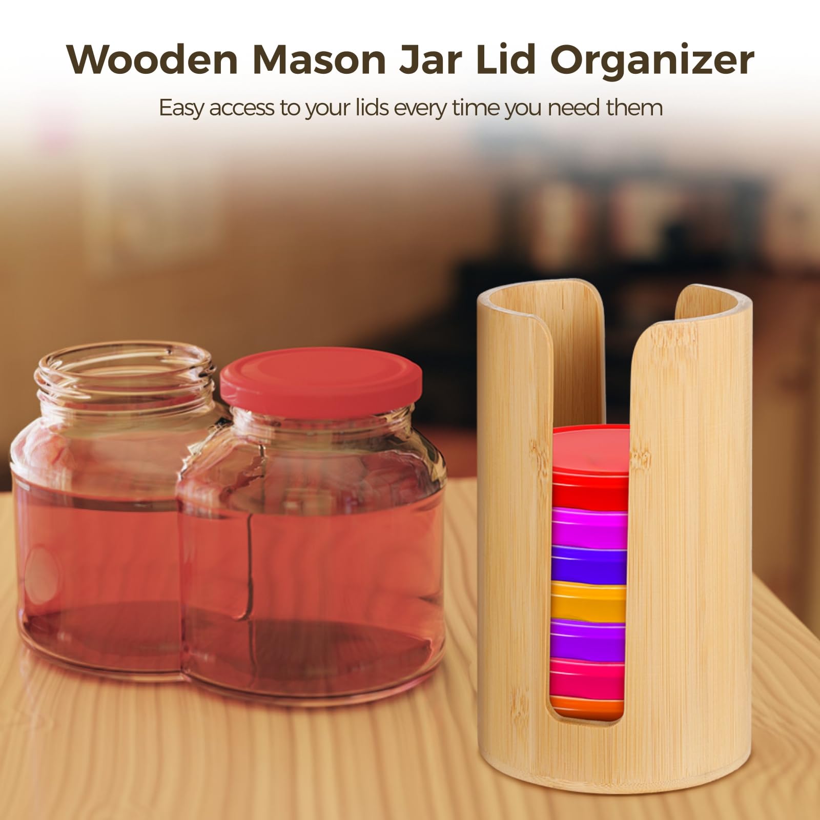 2 Wooden Lid Organizers for Mason Jars, 3.7 in Inner Diameter, Vertical Storage Holder for Metal, Plastic, Wooden Lids