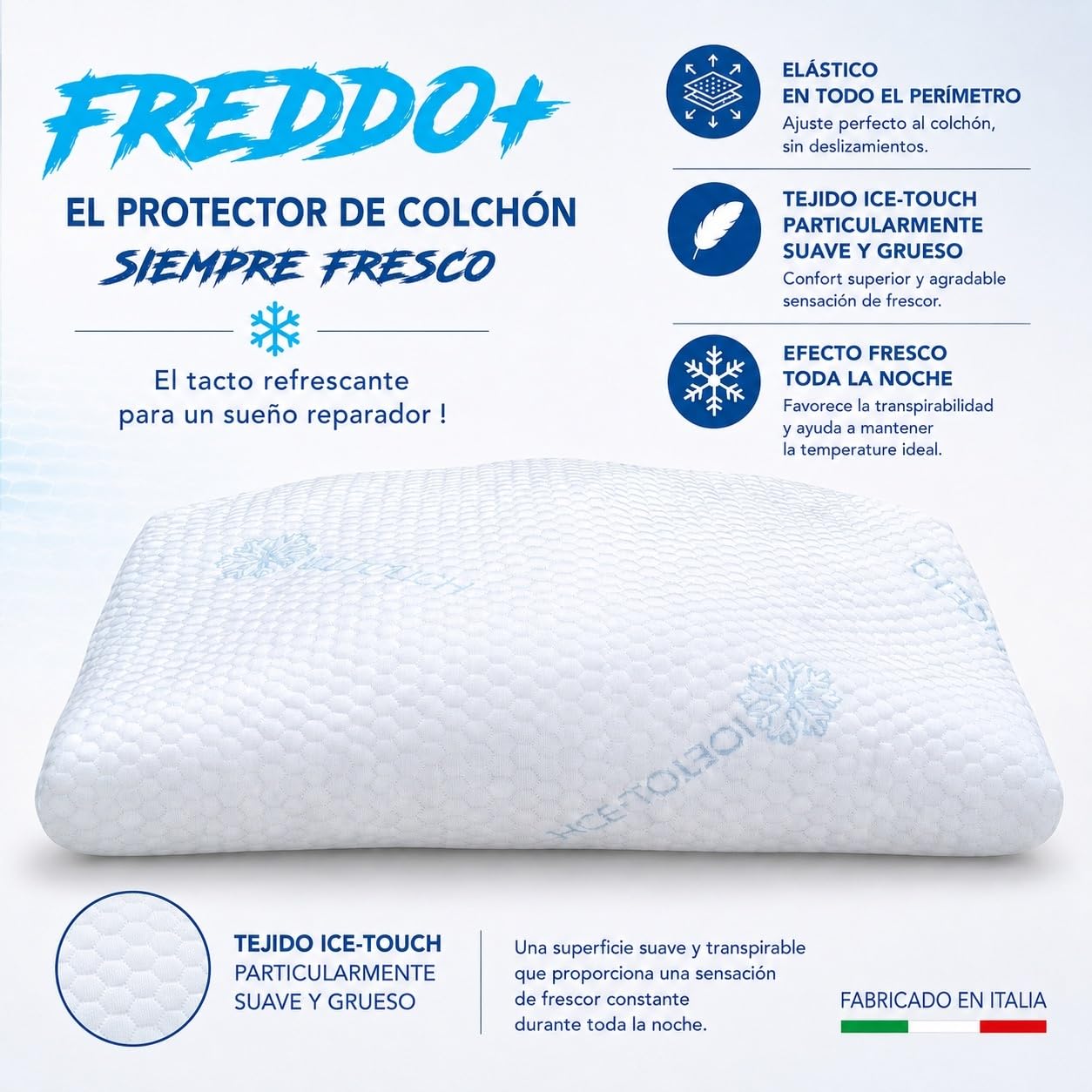 Tex family Cubrecolchón refrescante frío + Ice-Touch, de Verano, termorregulador, Transpirable, Antihumedad, Suave, elástico, 2 plazas - Cm. 175x200 + H25