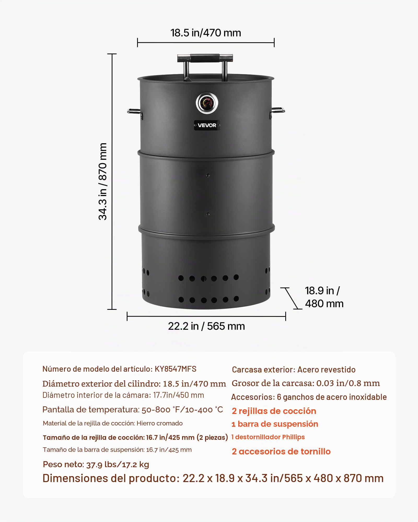VEVOR Ahumador de Carbón, con Revestimiento de Acero, 2 Parrillas de Cocción, Barra para Colgar, 6 Ganchos, Termómetro, Ideal para Fiestas y Asados, Patio, Jardín y Camping, 565 x 480 x 870 mm