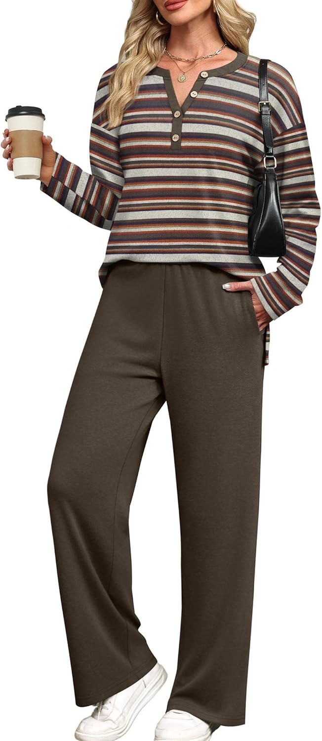 XIEERDUO Lounge Sets for Women 2 Piece V Neck Button Matching Sweatsuit Loungewear Fall Outfits Fashion Clothing Pajamas
