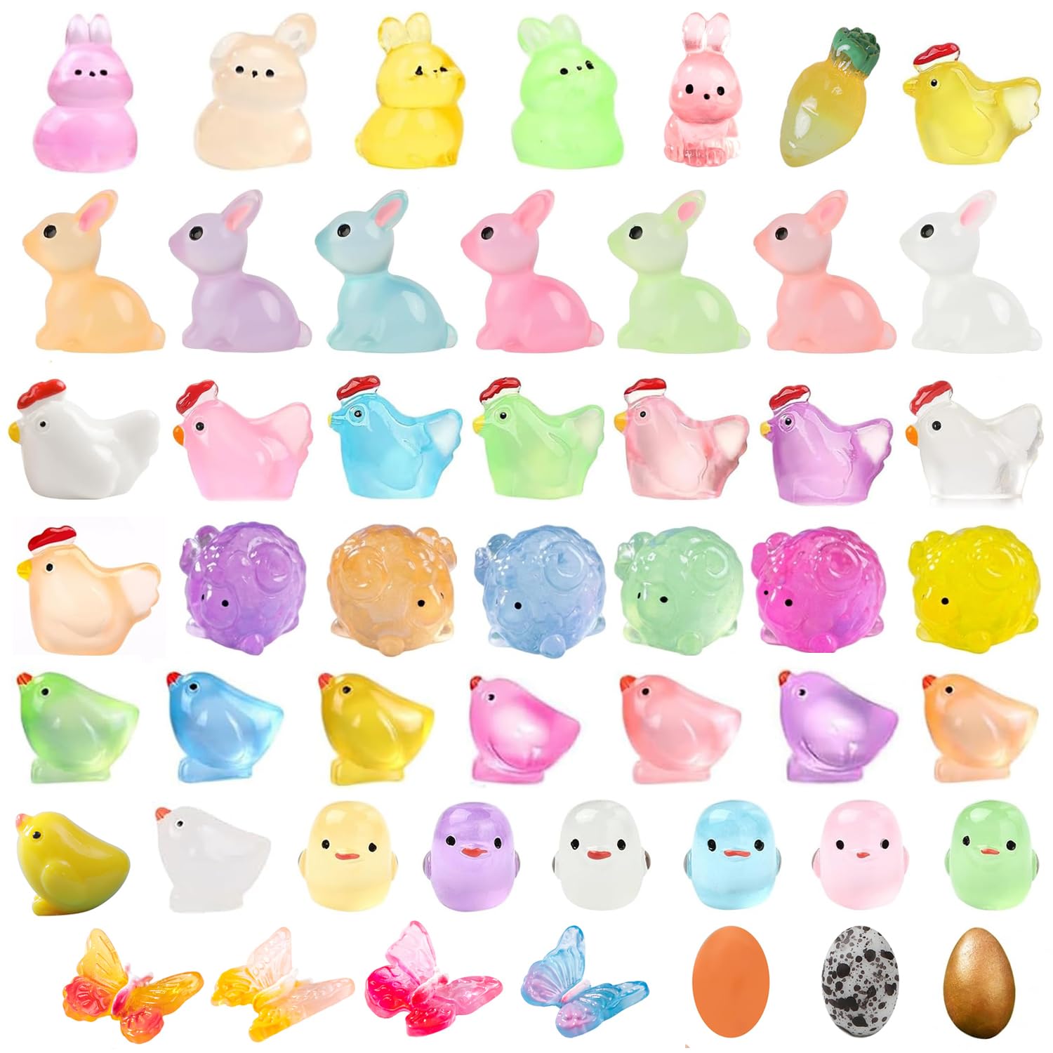 Homtim Resin Animals, 50 Pcs Luminous Mini Animals Figures Glow in the Dark for Micro Landscape Fairy Aquarium Dollhouse Decor, Easter Chicks Easter Bunnies