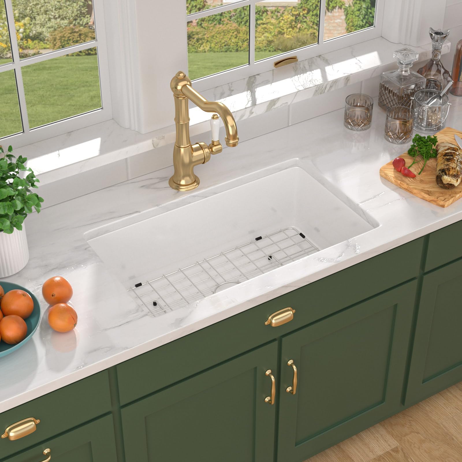 White Undermount Kitchen Sink 32 Inch - 32"X19" Fireclay White Kitchen Sinks Drop In Dual Mount Single Bowl Ceramic Porcelain Sinks #TLAC-0038
