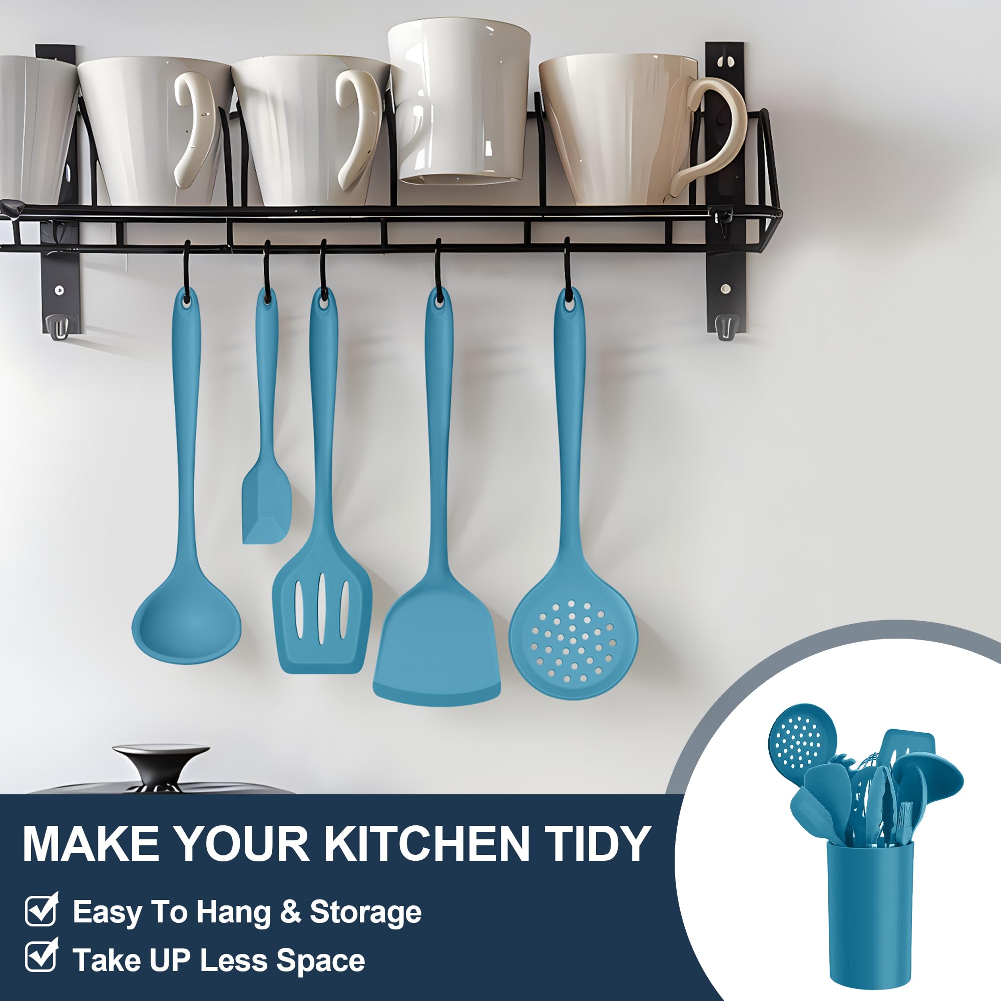 E-far Juego de utensilios de cocina de silicona, 25 piezas con soporte, herramientas de cocina no tóxicas, espátula, volteador, cucharón, para utensilios de cocina antiadherentes, resistentes al calor