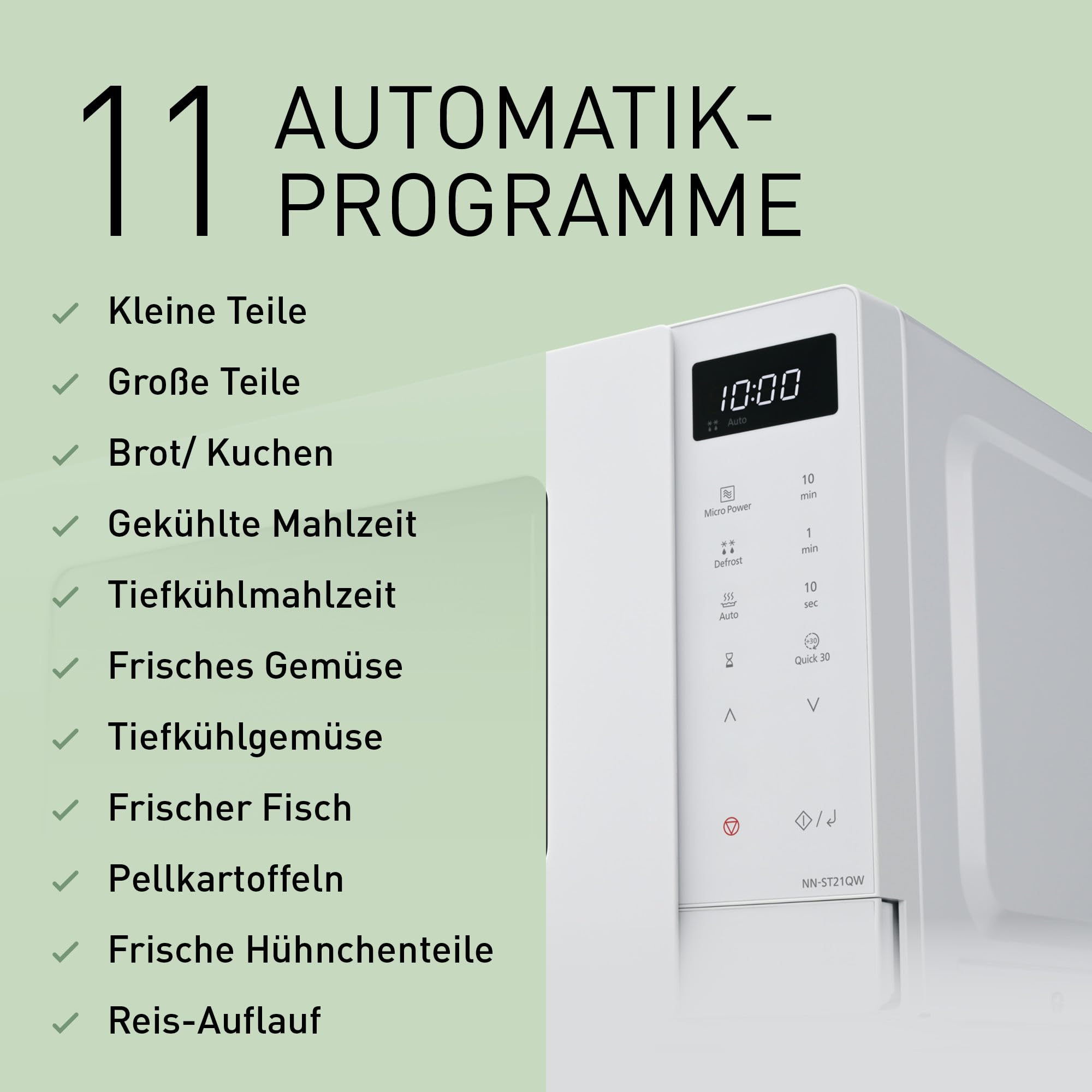 Panasonic NN-ST21QWEPG 20L Solo-Mikrowelle mit Drehteller, 800 W, automatisches Auftauen, 11 Automatikprogramme, LED-Anzeige, 5 Leistungsstufen, digitaler Timer, Weiß