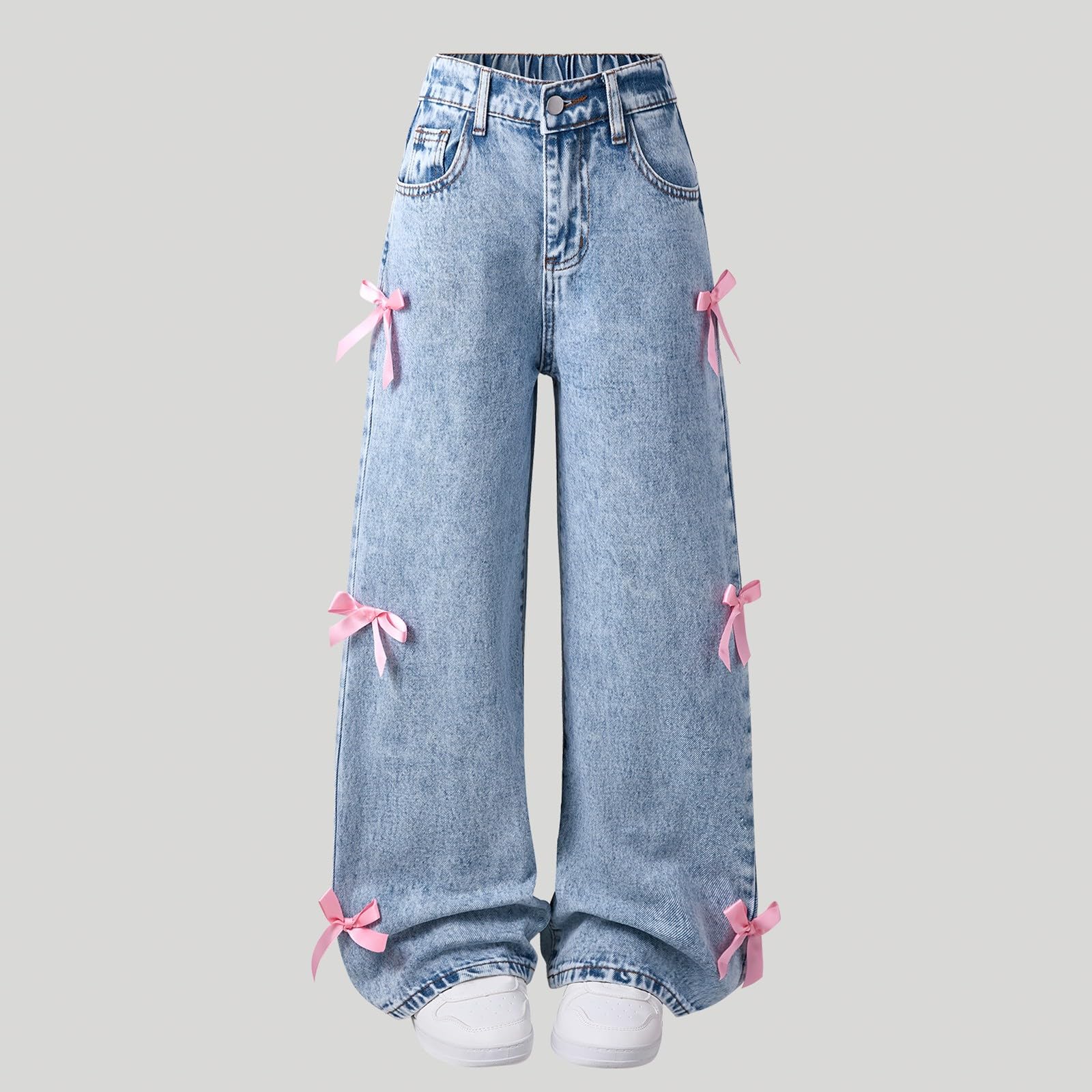 Pantalones para NiñAs-Pantalones Vaqueros Holgados De Pierna Ancha para NiñAs, Pantalones De Mezclilla con Cintura Alta EláStica, Lindos Pantalones con Lazo, Ropa De Calle Informal para NiñOs