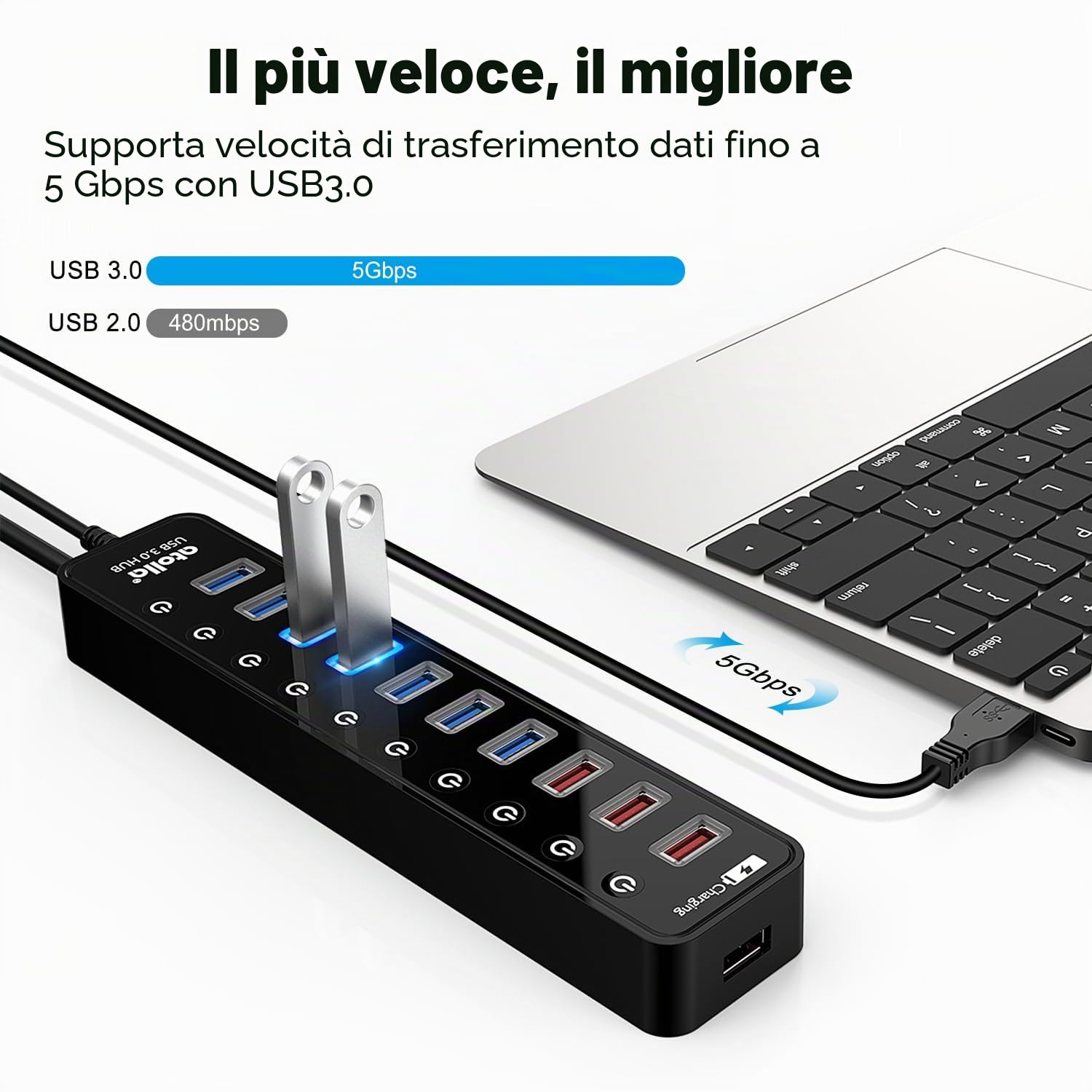 Hub USB 3.0 multipresa, atolla 11 porte Hub USB alimentato AVCE 7 porte trasferimento dati 5 Gbps,4 porte ricarica intelligente e interruttori e LED di alimentazione individuali, adattatore 12 V/4 A