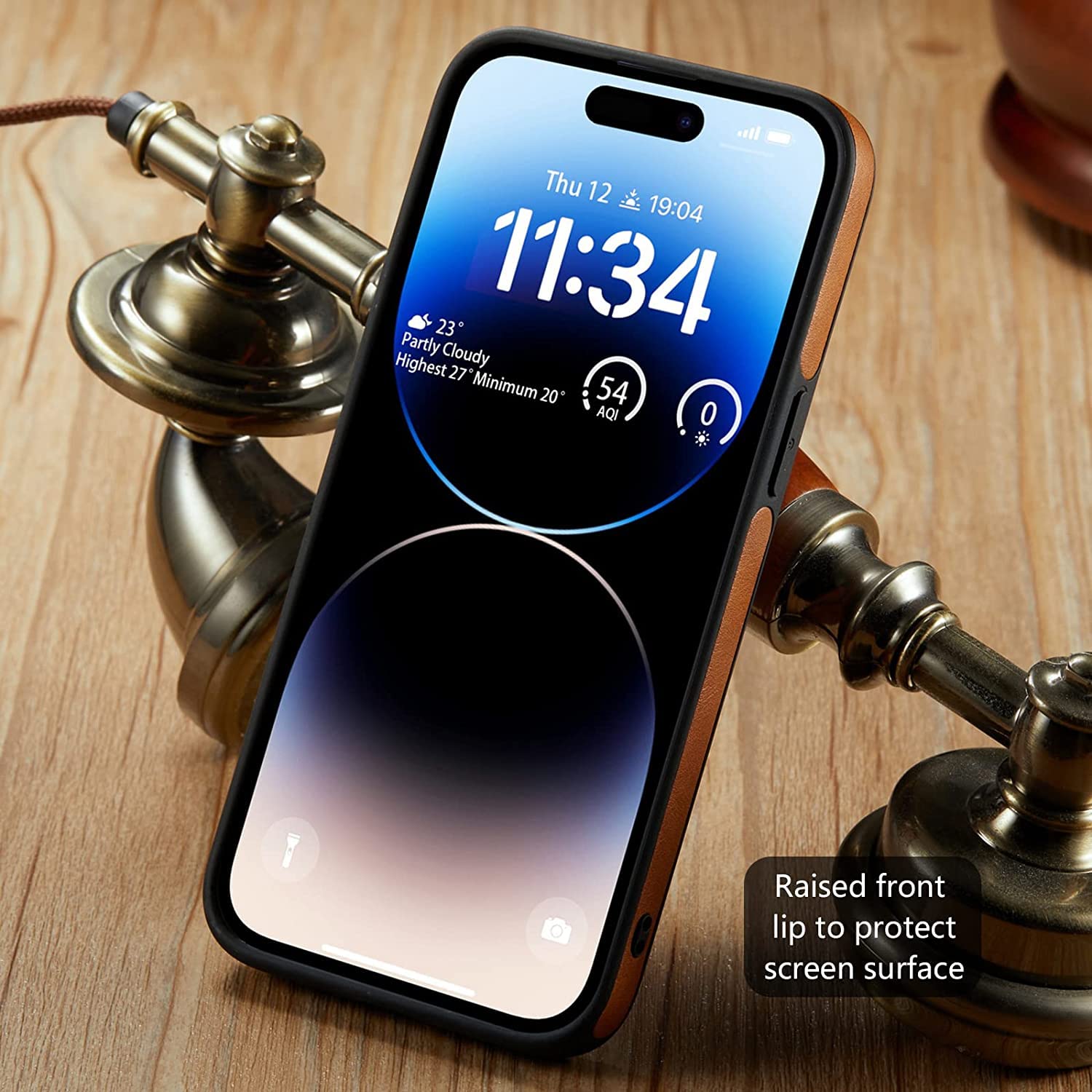 Custodia in Pelle per iPhone 15 Pro Max con Cavalletto, Supporto Invisibile Incorporato, Pelle Vegana Sottile Logo View Classico LussoThin Cover Protettiva Antiurto per iPhone 15 Pro Max(Marrone