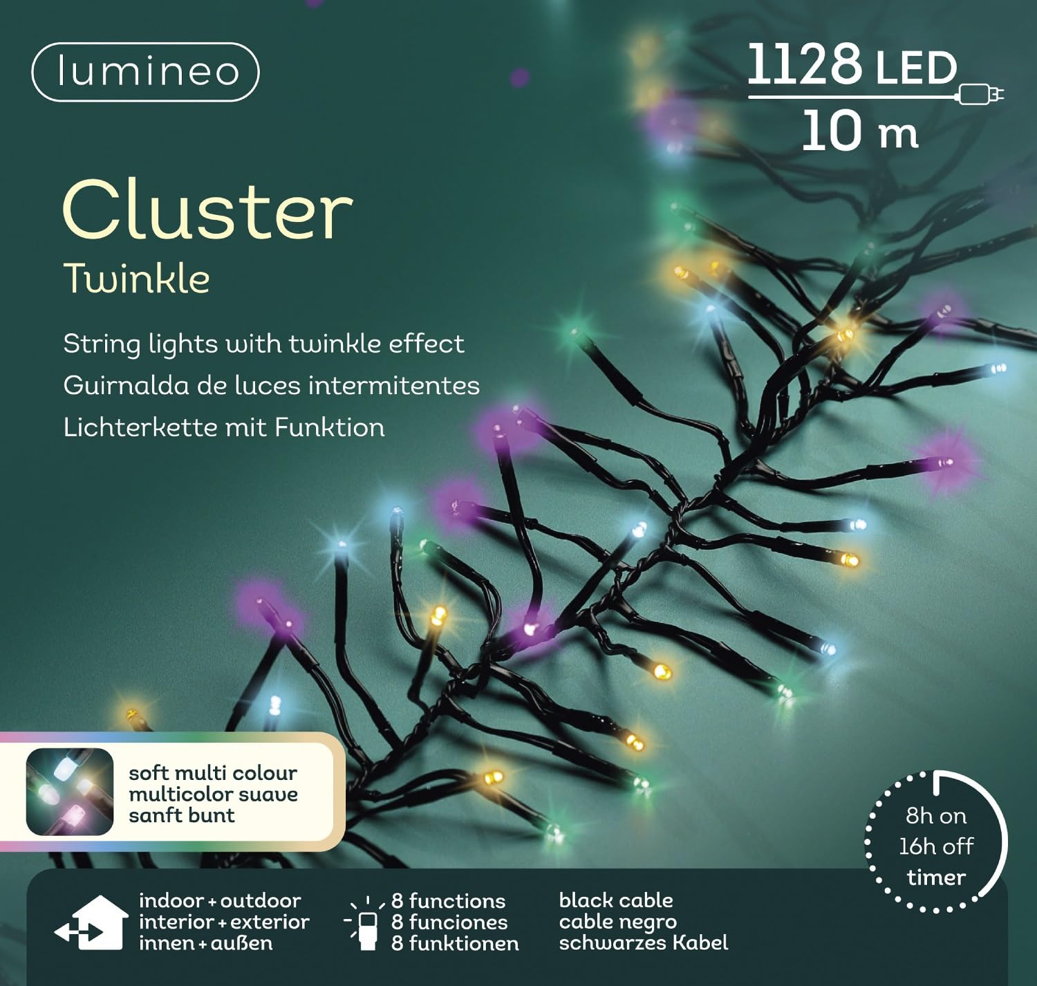 Lumineo Catena luminosa Cluster Twinkle – 1128 LED – Colorato – 10 metri – Cavo nero – Adatto per interni ed esterni – Dimmerabile – Timer – 8 funzioni di luce – IP44
