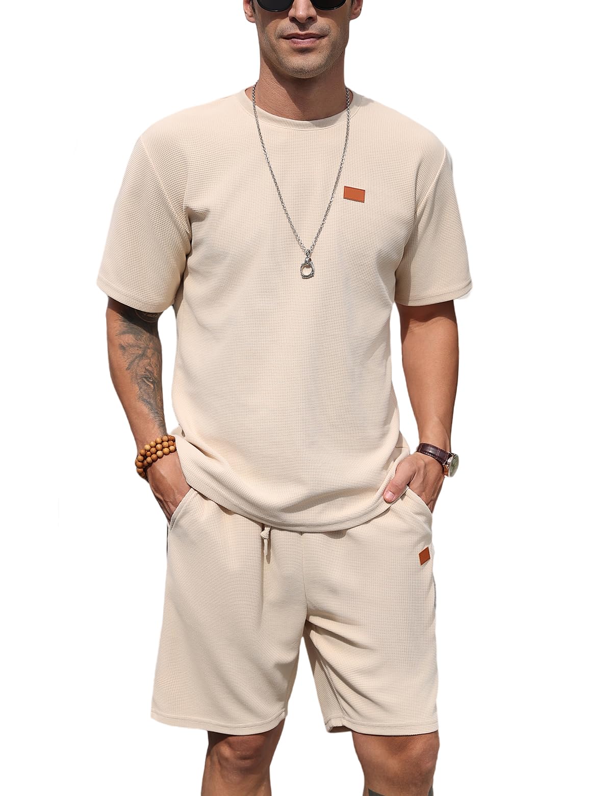 Herren 2-Teilig Waffelstrick Trainingsanzug Set Kurzarm T-Shirt & Shorts Freizeit Sommer Loungewear Outfit