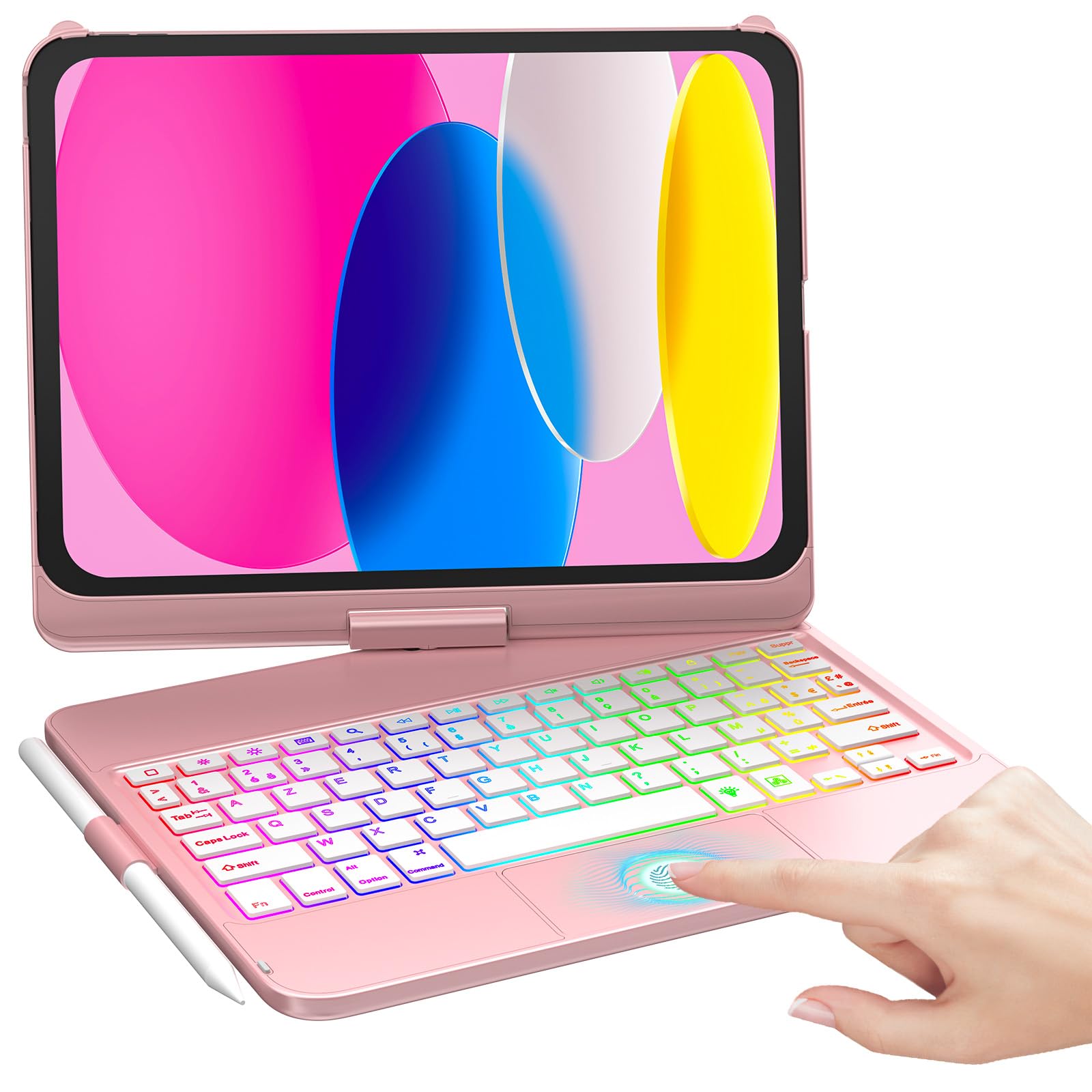 MMK Clavier pour iPad 11/10ème Génération (11 Pouces A16 2025/10.9 Pouces 2022), Èclairage Coloré à 7 Couleurs & Réveil/Veille Automatique, Smart Trackpad avec Porte-Stylet, Clavier Français AZERTY