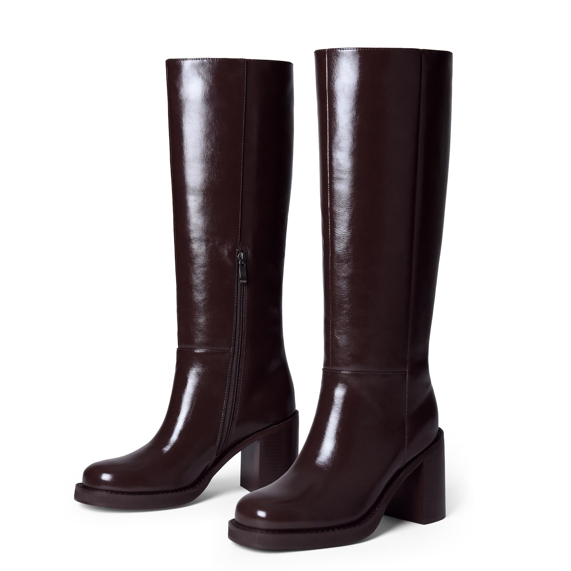 Knee High Boots for Women Round Toe Chunky Heel 3 3 IN Tall Boots Side Half Zip Faux