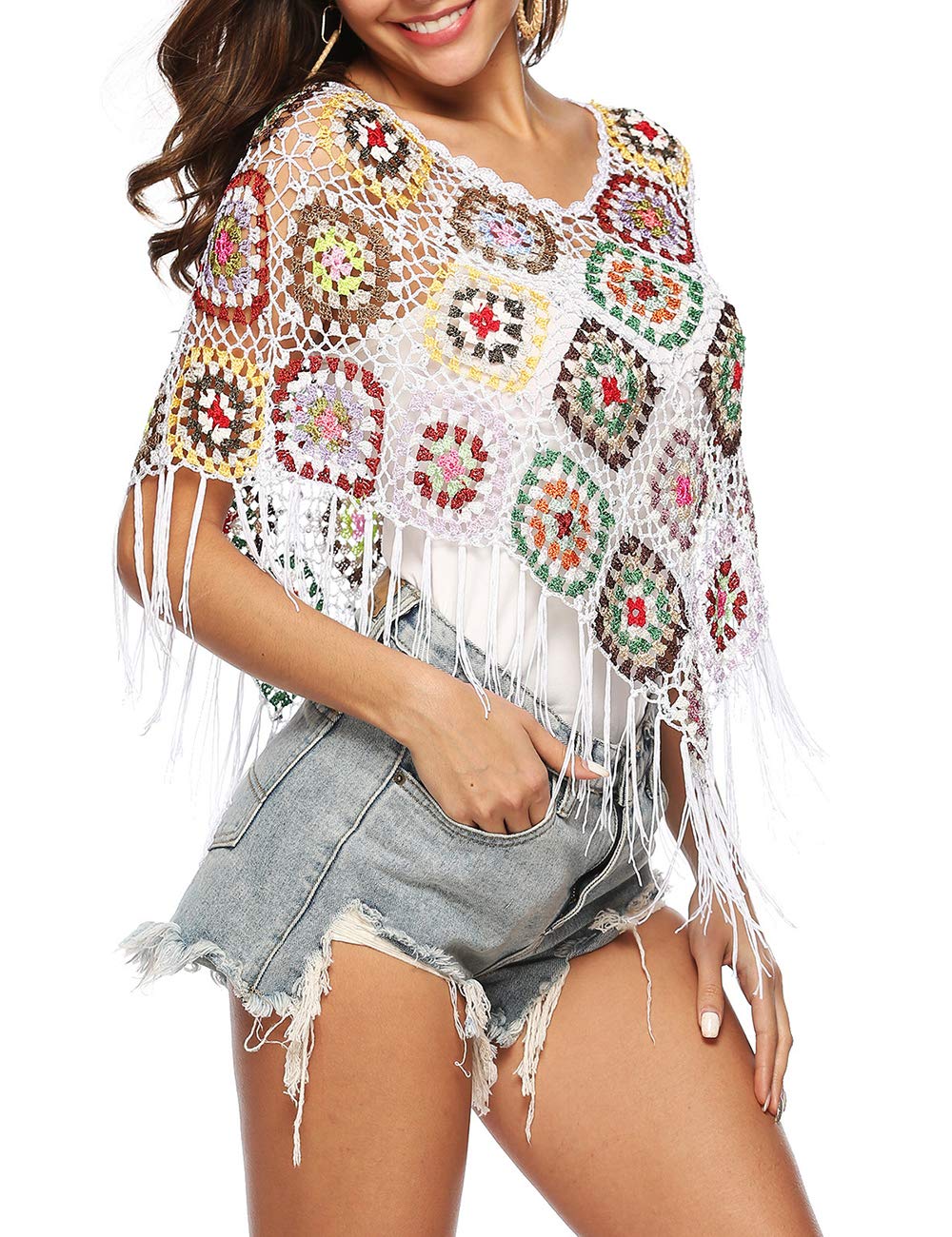 xxxiticat Women's Embroidery Print Hollow Out Bikini Blouse Cloak Poncho Cape Fringe Hem Crochet Floral Beach Cover Ups Tops(WH) White