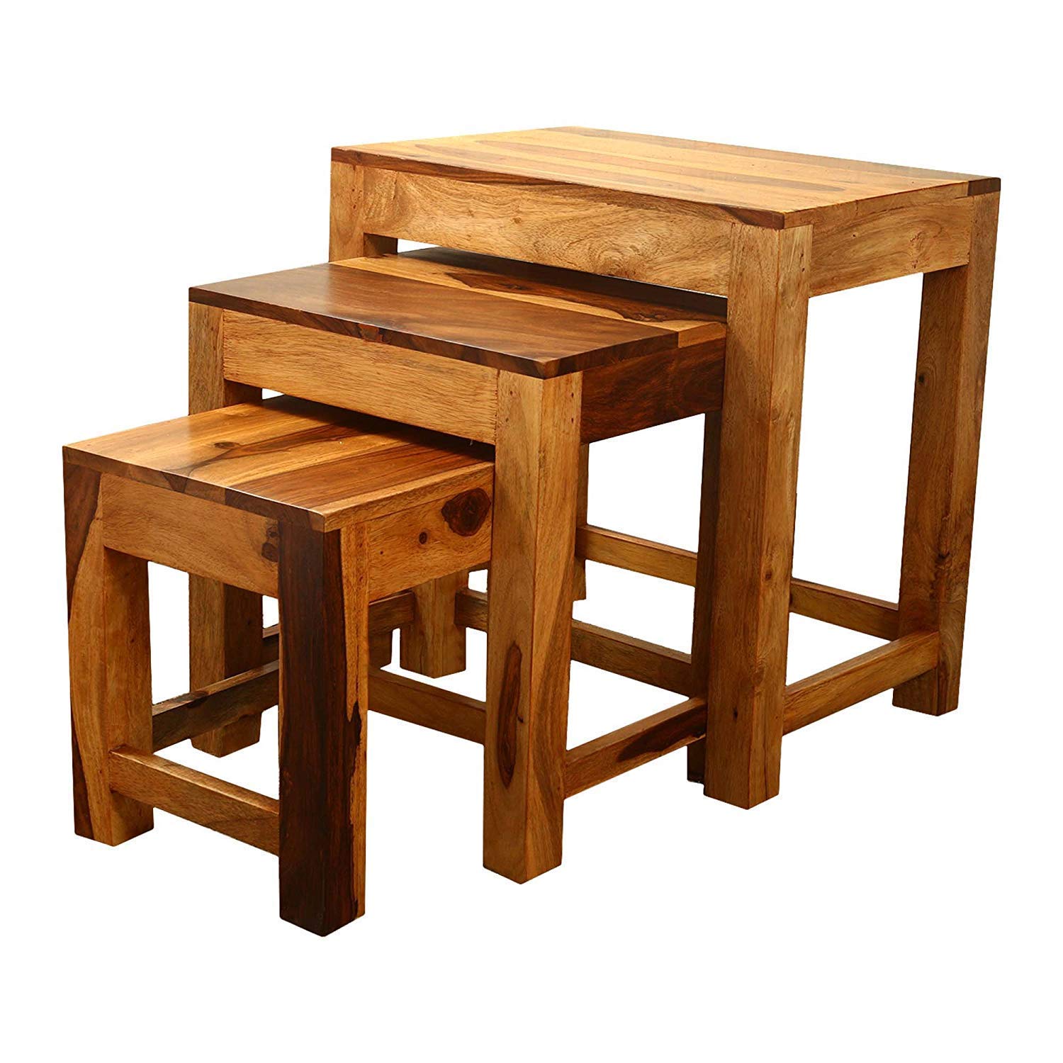 Solid Sheesham Wood Nesting Table Set of 3 Stools Bedside Table Nightstand Sofa Side Table End Table for Living Room Bedroom Home Office Wooden Furniture (Natural)-image-12