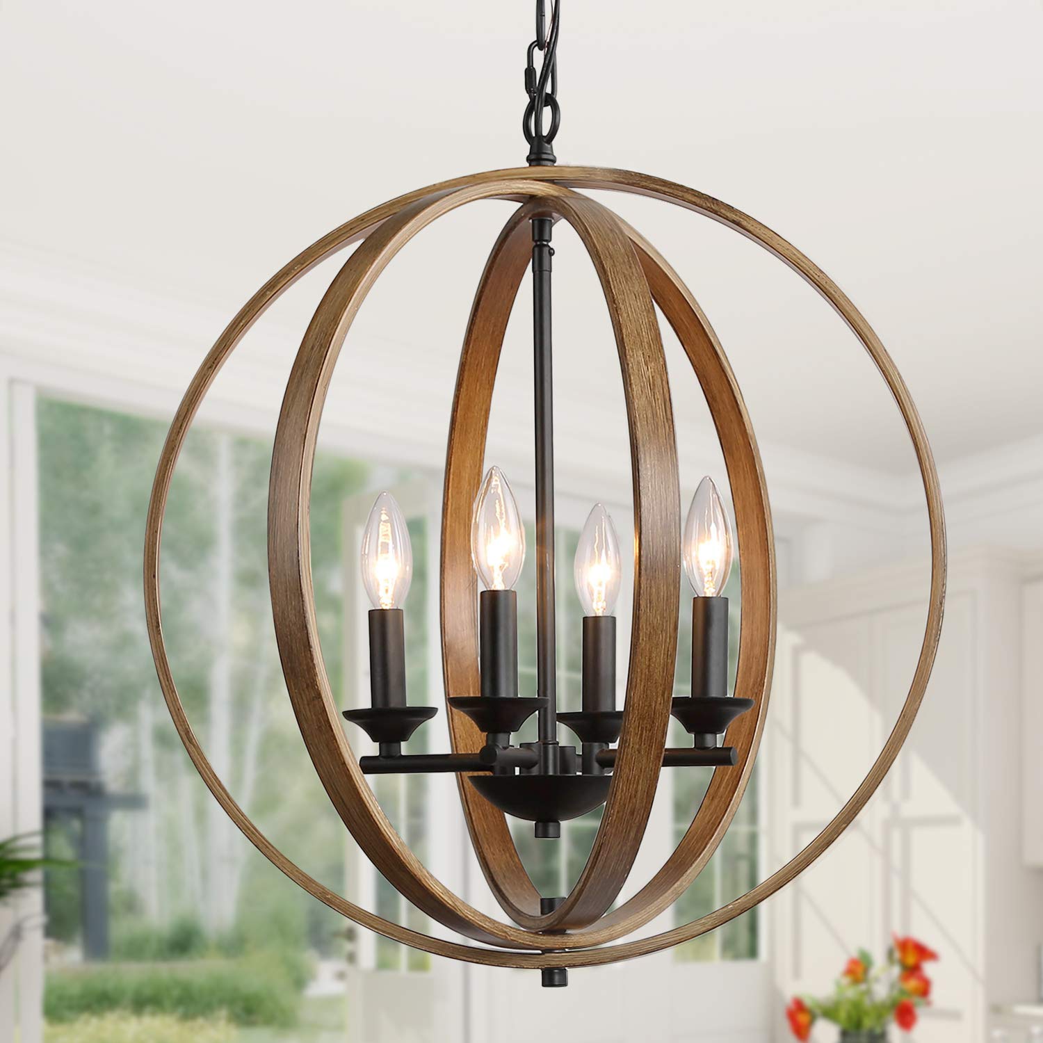 LOG BARN 20'' Farmhouse Chandelier, Faux-Wood Hanging 4-Light Fixture for Dining & Living Room, Bedroom, Foyer and Entryway