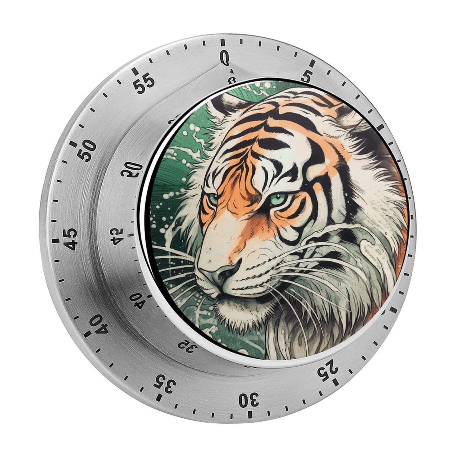 A Hand Drawn Tiger Visual Timer with Loud Alarm 60-Minute Kitchen Timers Exquisite Stainless Steel Body - Mechanical Desk Timer Countdown Clock for Cooking Chef Clock