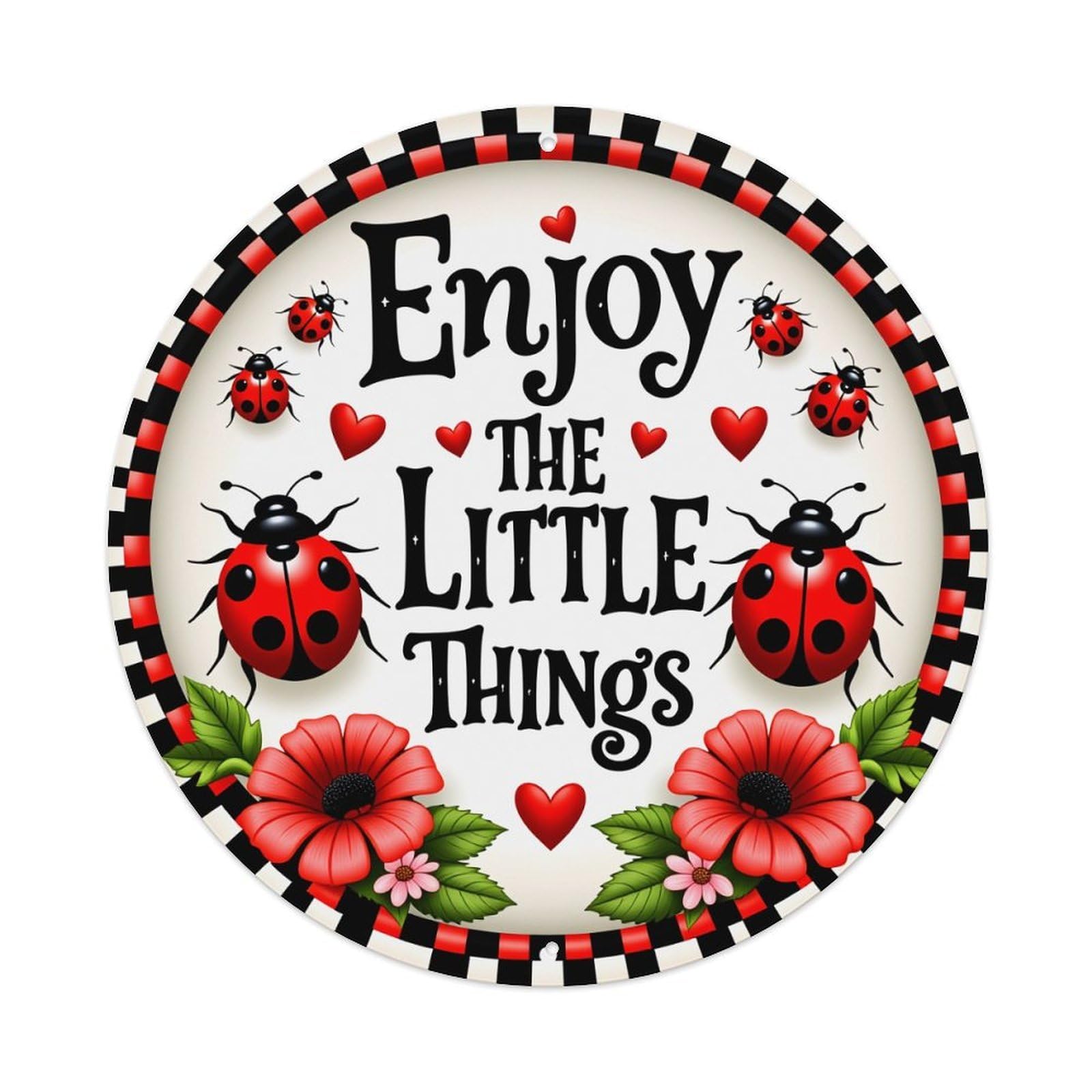 Ladybug Hearts Flowers Black Red Pattern Round Vintage Tin Sign,Retro Wall Art,Metal Poster for Home, Bar, Garage, Cafe, Rustic Indoor & Outdoor Decor, 8x8 Inches