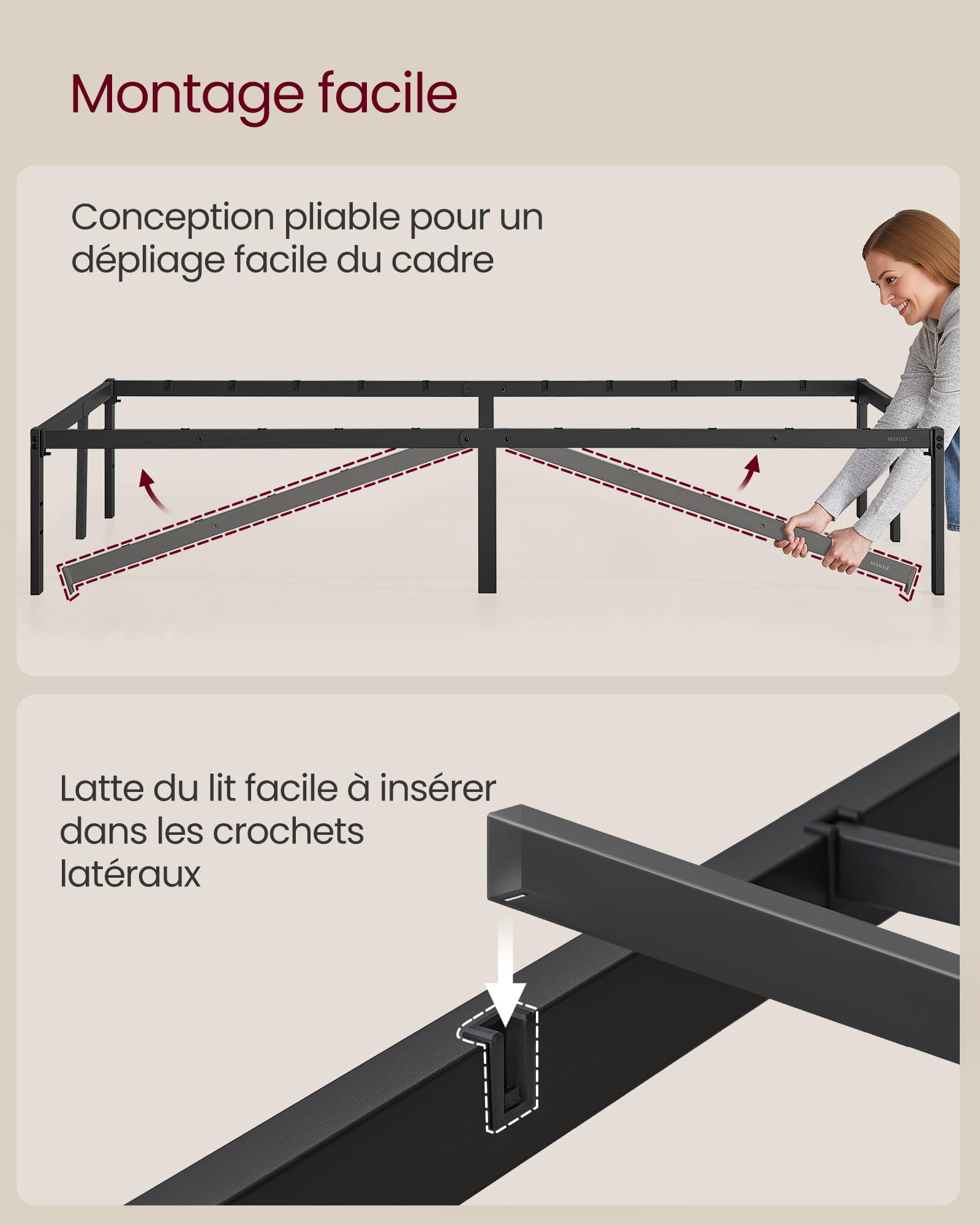 VASAGLE Lit 140 x 190 avec sommier, Cadre de lit Double en métal, 9 Pieds Robustes supporte 450 kg, Espace de Rangement, Montage Facile, Noir d'encre RMB133B01